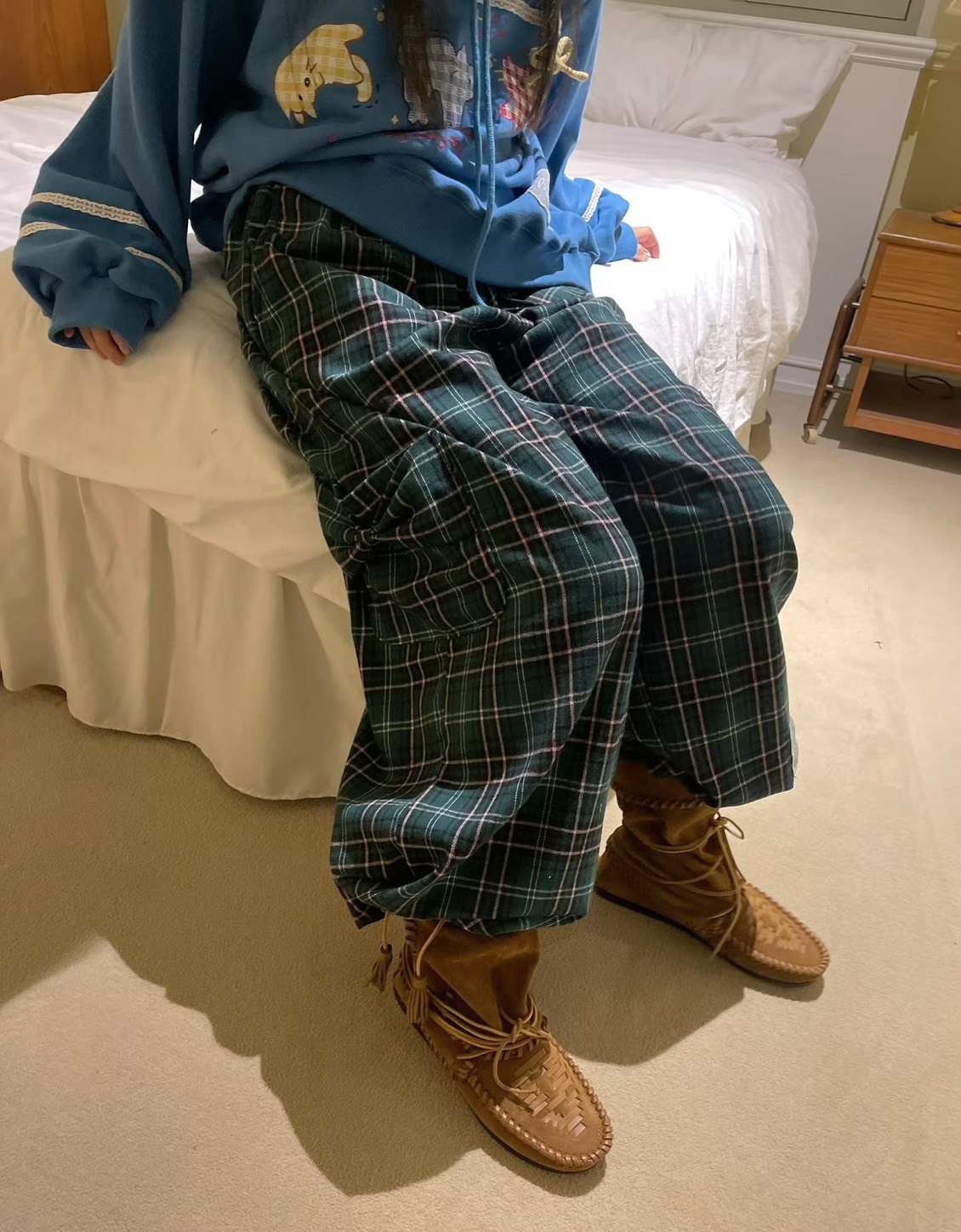 側口袋格子休閒長褲