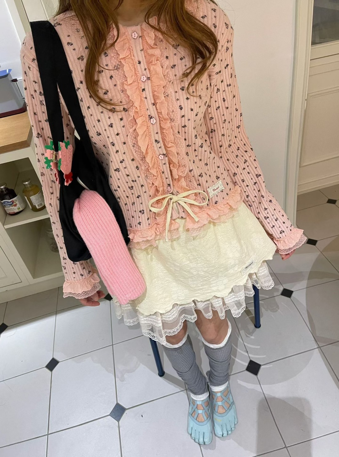 花紋布拼紗短裙