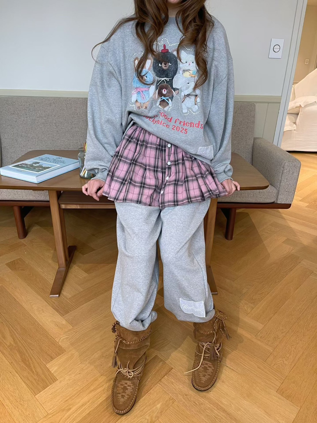 格子裙拼接休閒褲