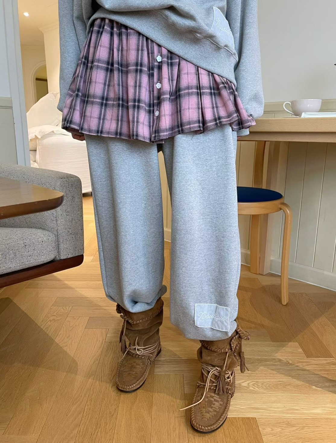 格子裙拼接休閒褲