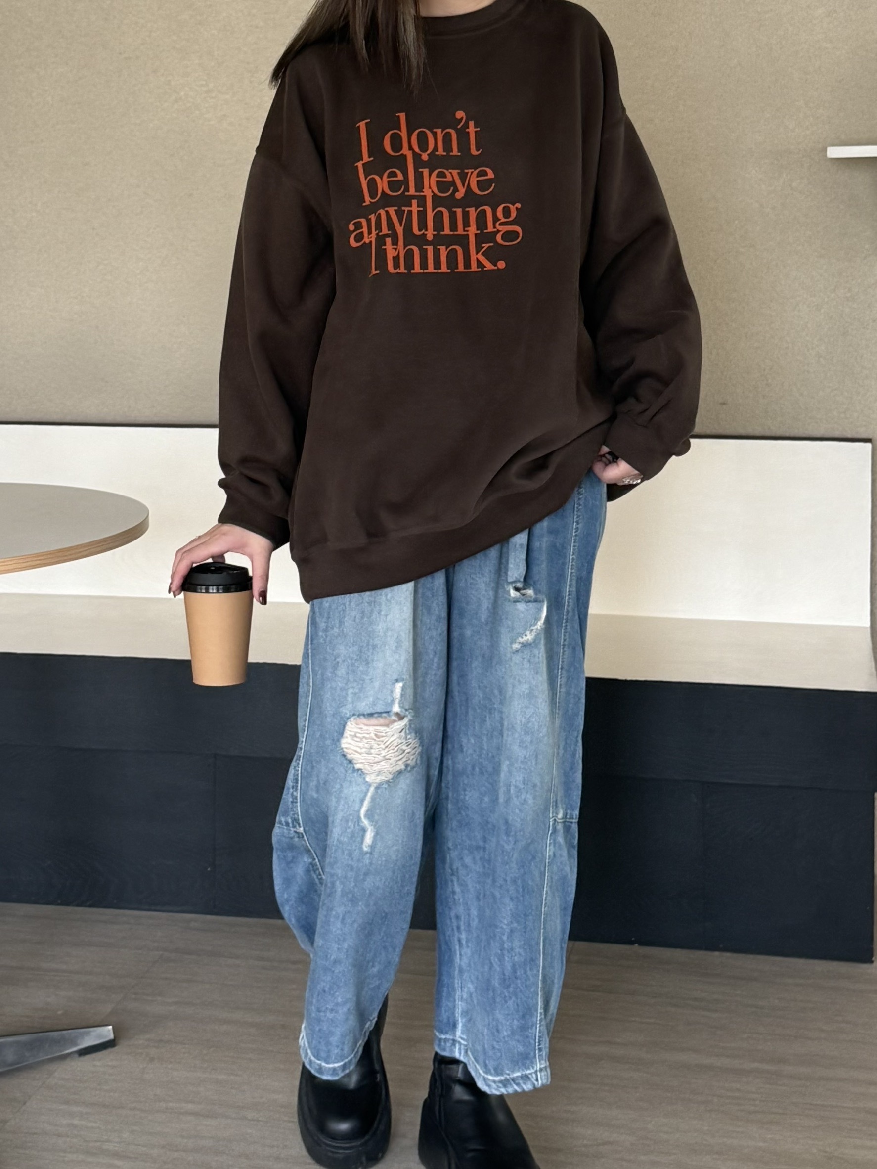 破洞鬆緊九分褲