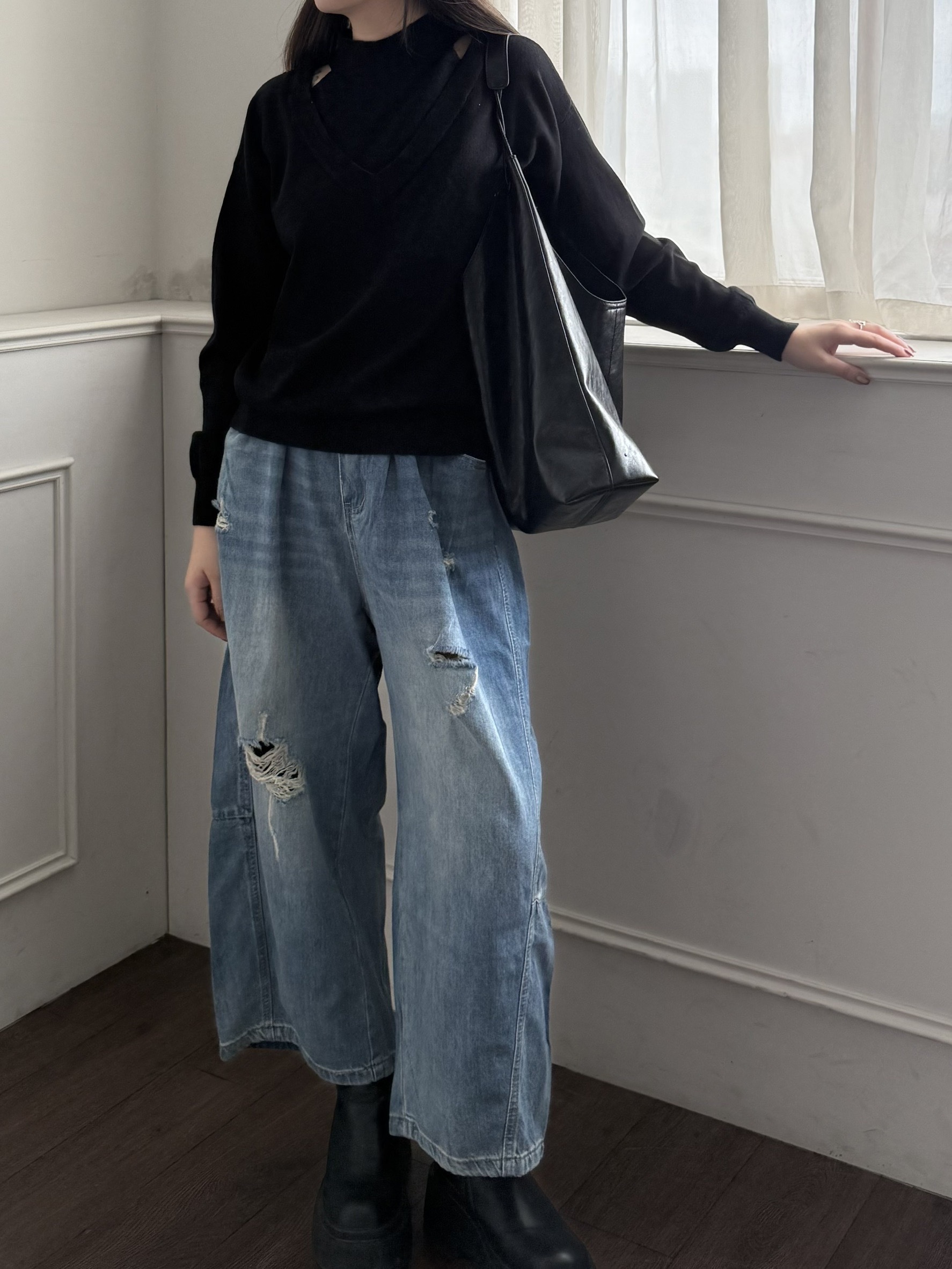 破洞鬆緊九分褲