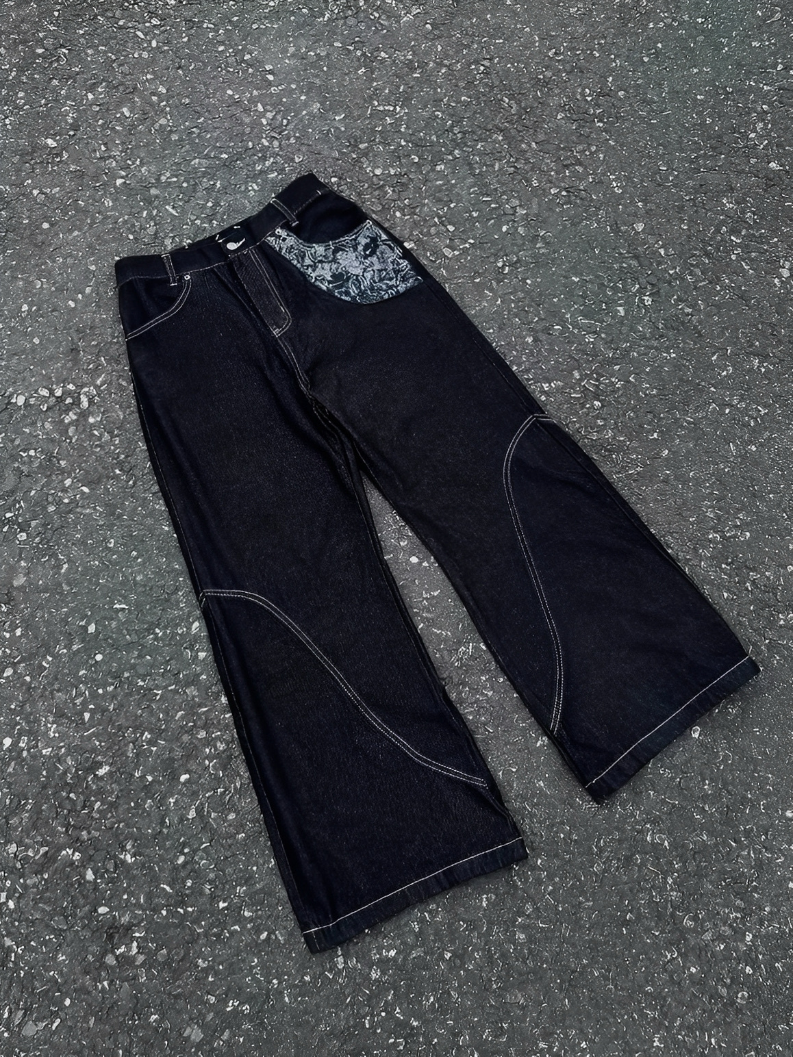 美式 復古 拼接 喇叭 彎刀 牛仔 長褲