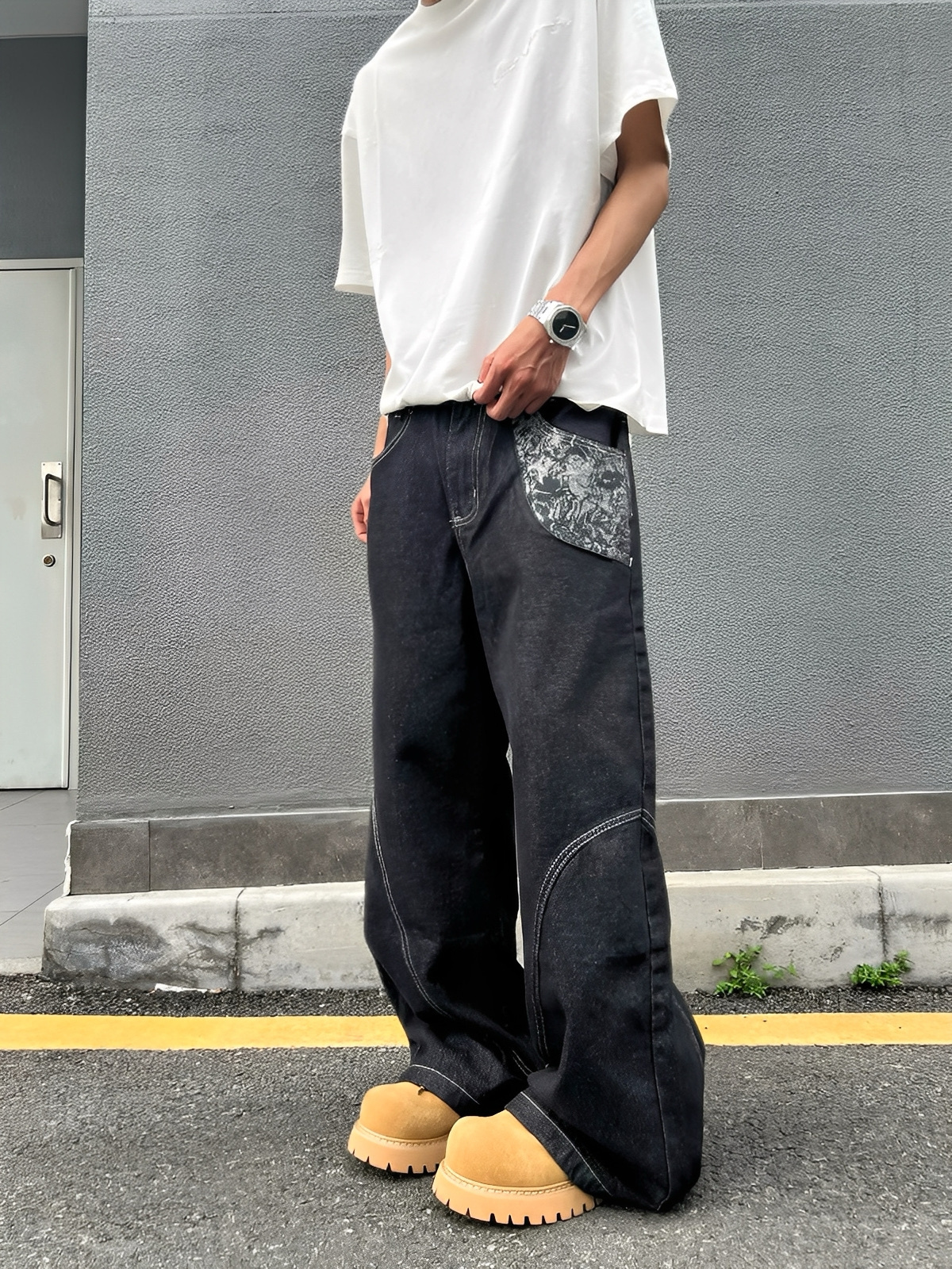 美式 復古 拼接 喇叭 彎刀 牛仔 長褲