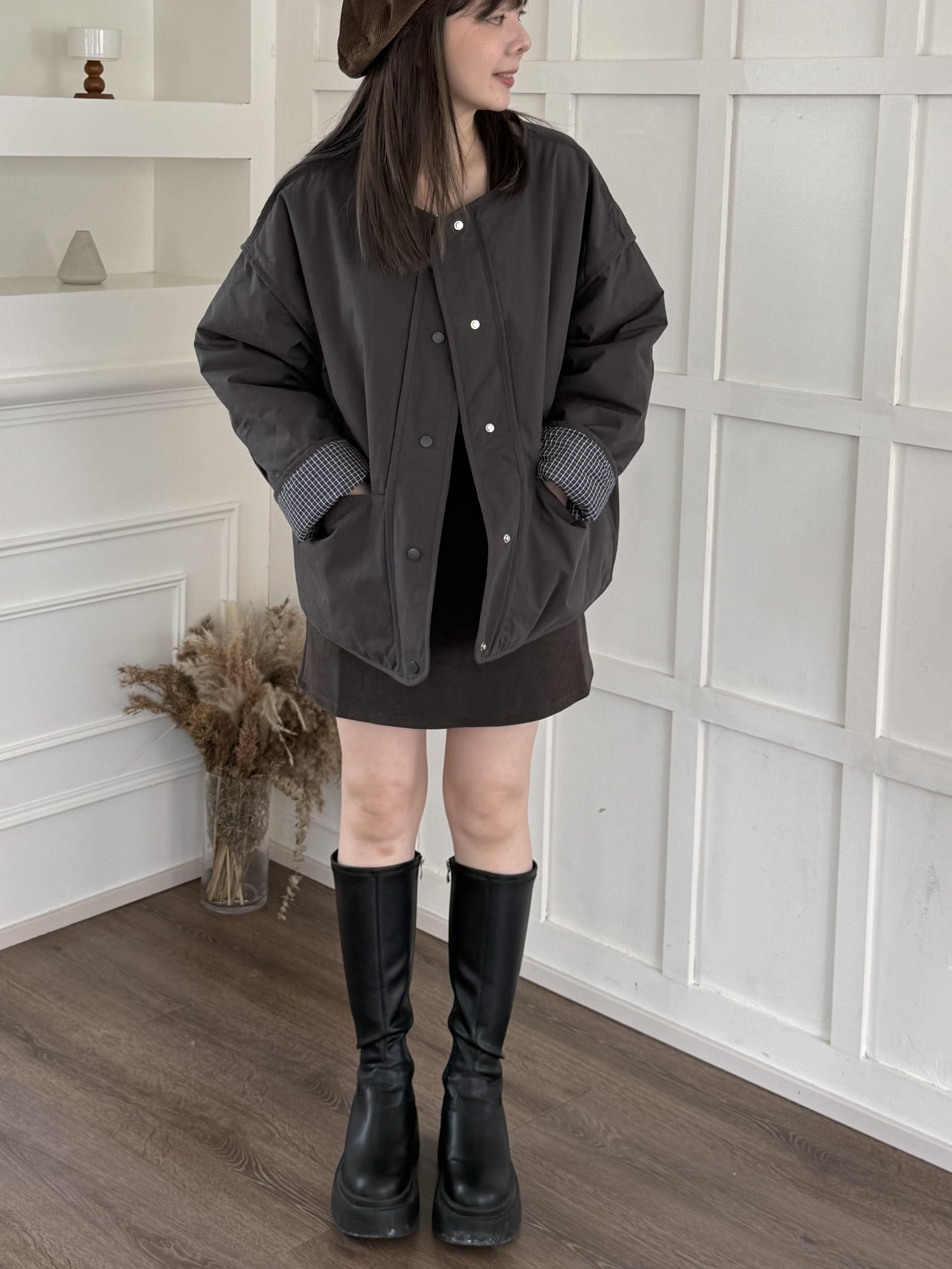 內格紋鋪棉反折袖外套