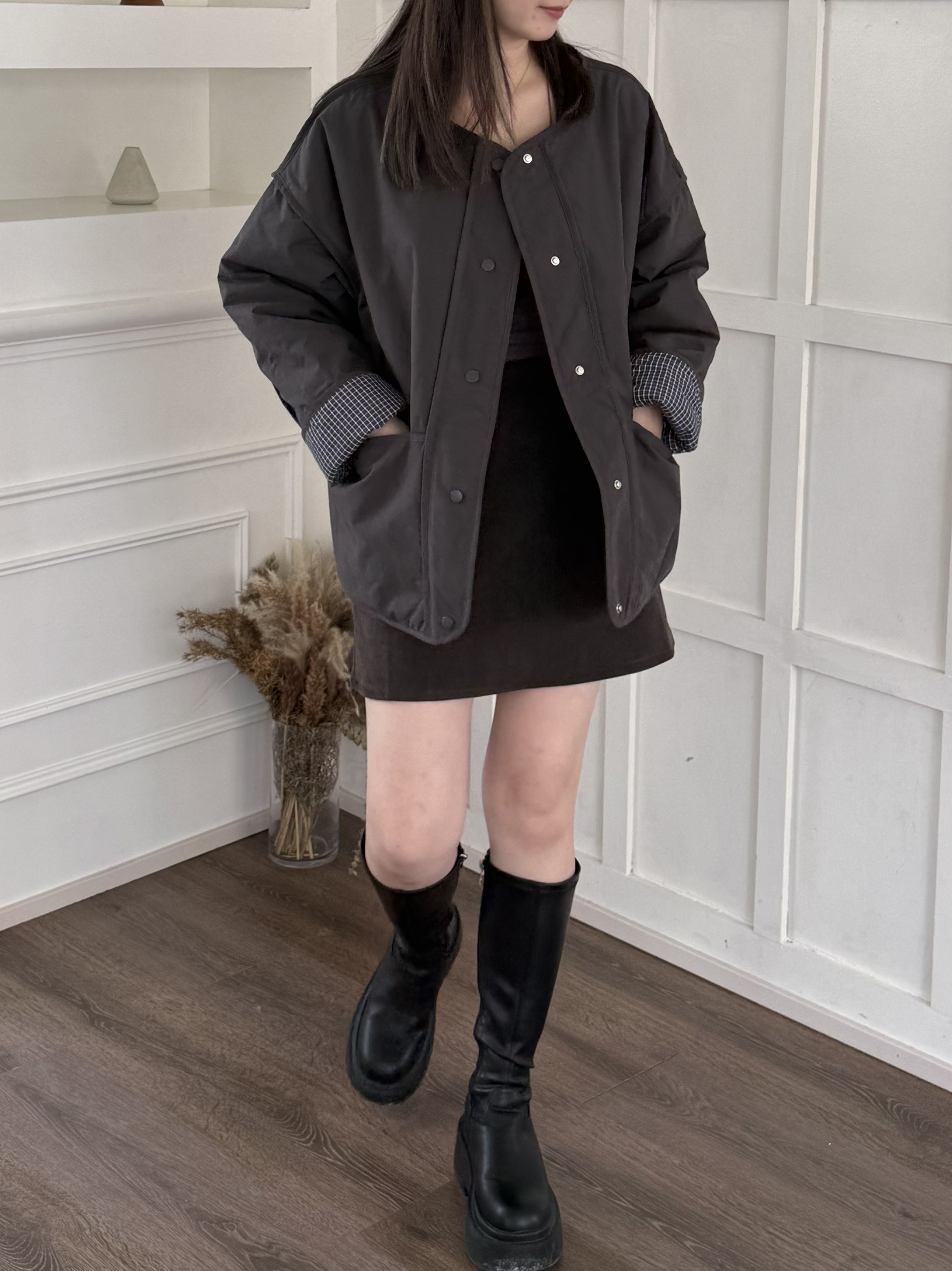 內格紋鋪棉反折袖外套