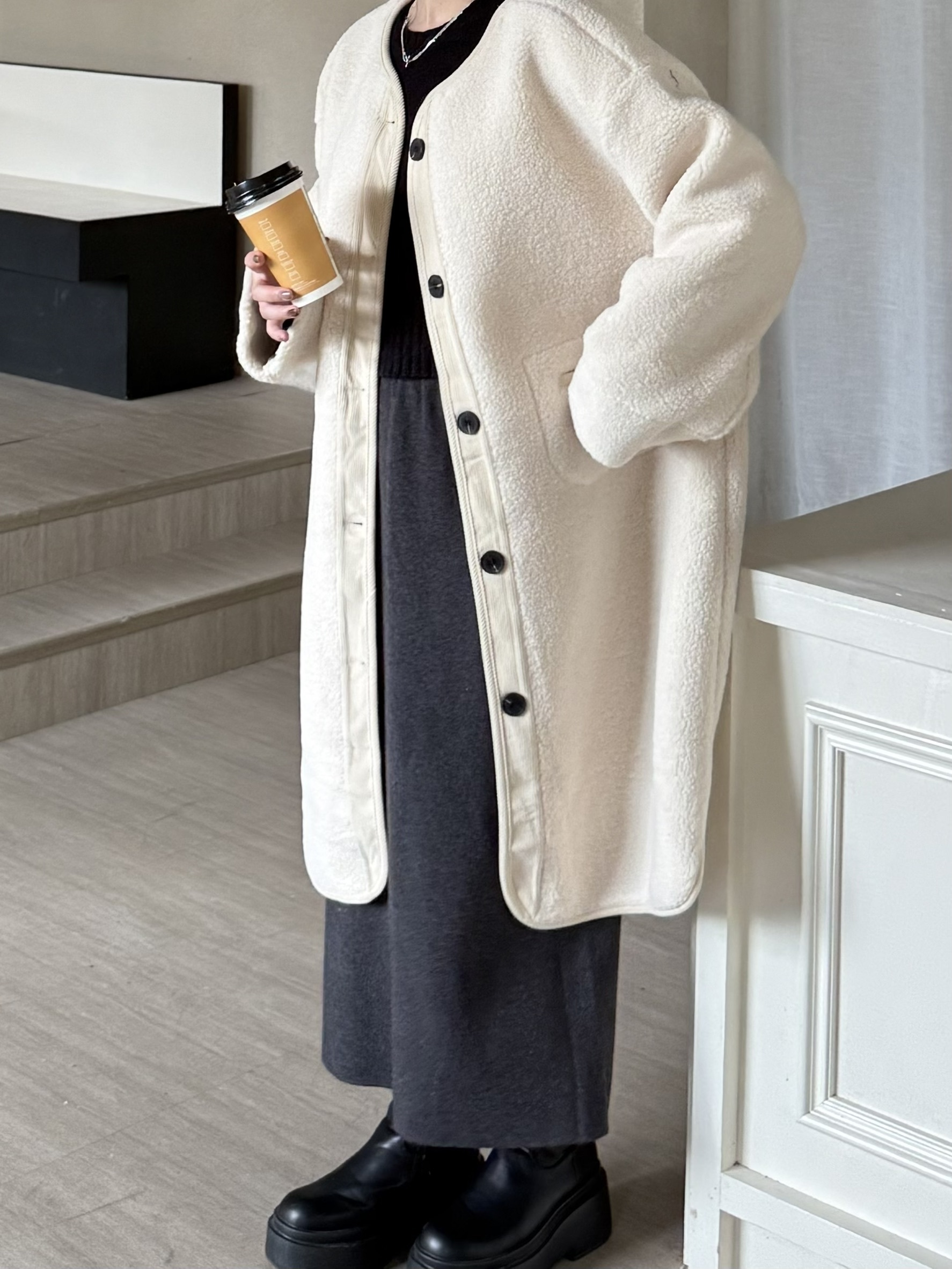 帽子可拆長版羊羔毛外套