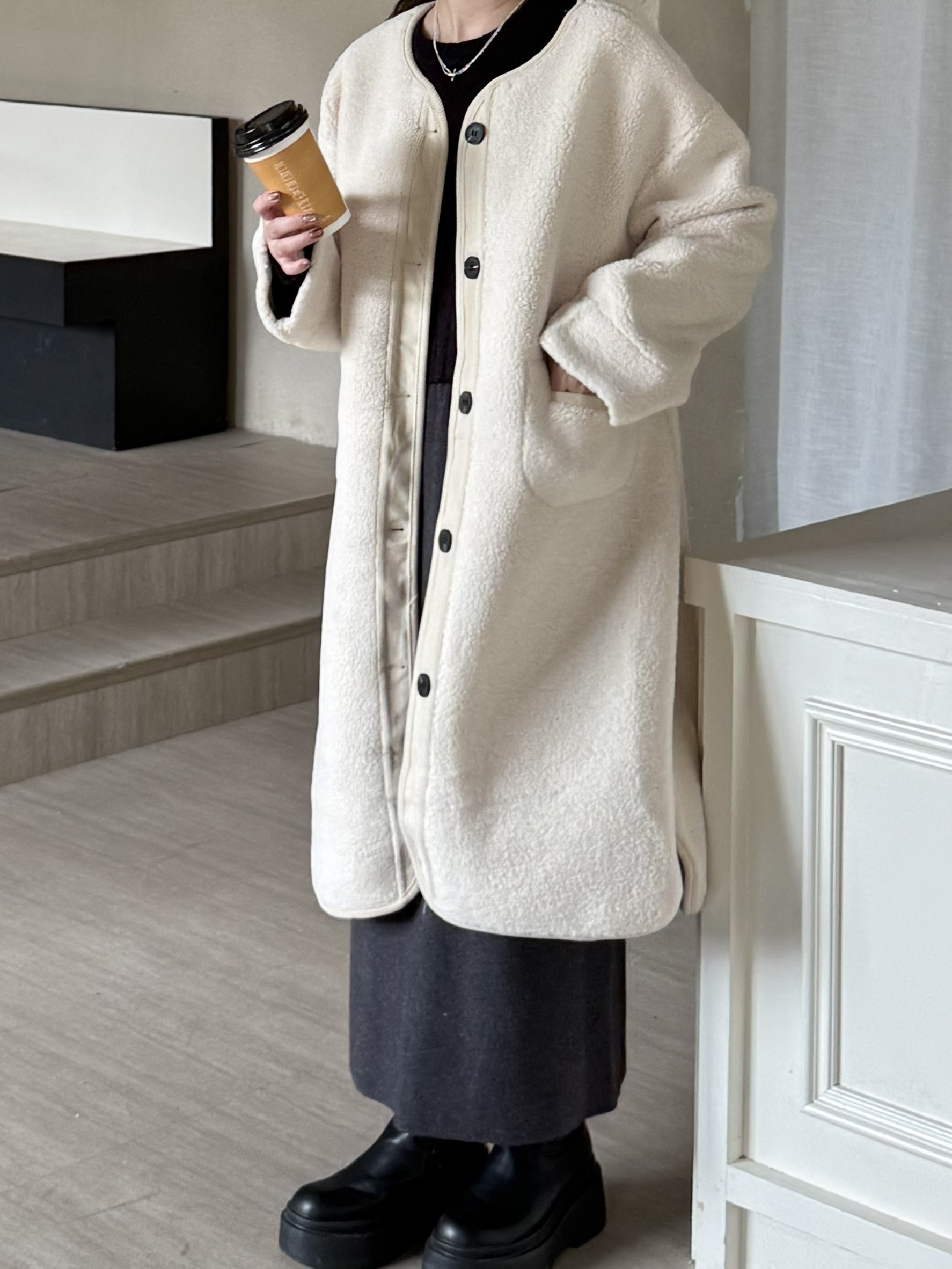 帽子可拆長版羊羔毛外套