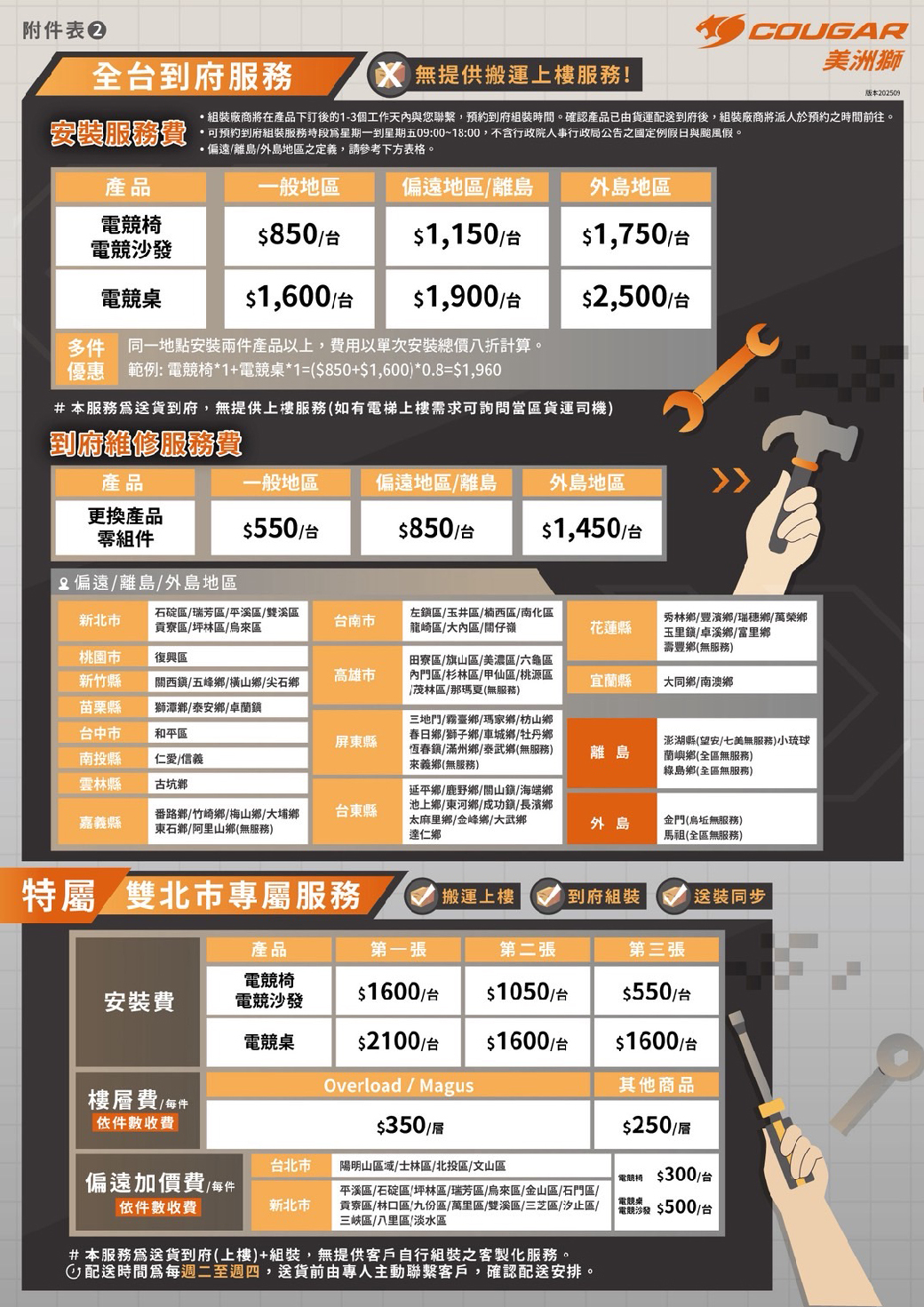 附件表全到府服務安裝服務費X 無提供搬運上樓服務!COUGAR美洲獅版本202509組裝廠商將在產品下訂後的1-3個工作天內與您聯繫,預約到府組裝時間。確認產品已由貨運到府後,組裝廠商將派人於預約之時間前往。可預約到府組裝服務時段星期一到星期五09:00~18:00,不含行政院人事行政局公告之國定例假日與颱風假。·偏遠離島外島地區之定義,請參考下方表格。產品一般地區偏遠地區離島外島地區椅$850$1,150$1,750/台電競電競桌$1,600/台$1,900/台$2,500/台多件同一地點安裝兩件產品以上,費用以單次安裝總價八折計算。優惠 範例: 電競椅*1+電競桌*1=$850+$1,600*0.8=$1,960#本服務爲送貨到府,無提供上樓服務(如有電梯上樓需求可詢問當區貨運司機)到府維修服務費產品一般地區偏遠地區/離島外島地區更換產品零組件$550/台$850/台$1,450/台偏遠/離島/外島地區新北市石碇區/瑞芳區/平溪區/雙溪區貢寮區/坪林區/烏區台南市左區/玉井區/楠西區/南化區龍崎區/大內區/仔嶺花蓮縣秀林鄉/豐濱鄉/瑞穗鄉/萬榮鄉玉里/卓溪鄉/富里鄉壽豐鄉(無服務)桃園市復興區高雄市新竹縣關西/五峰鄉/橫山鄉/尖石鄉田寮區/旗山區 美濃區 六龜區內門區/杉林區/甲仙區/桃源區茂林區/那瑪夏(無服務)宜蘭縣大同鄉/南澳鄉苗栗縣獅潭鄉/泰安鄉/卓蘭鎮台中市和平區屏縣南投縣雲林縣仁愛/信義古坑三地門/霧臺鄉/瑪家鄉/枋山鄉春日鄉/獅子鄉/車城鄉/牡丹鄉恆春鎮/滿州鄉/泰武鄉(無服務)來義鄉(無服務)澎湖縣(望安/七美無服務)小琉球離島蘭嶼鄉(全區無服務)綠島鄉(全區無服務)嘉義縣番路鄉/竹崎鄉/梅山鄉/大埔鄉東石鄉 阿里山鄉(無服務)台東縣延平鄉/鹿野鄉/關/海端鄉池上鄉/東河鄉/成功鎮/長濱鄉太麻里鄉/金峰鄉/大武鄉達仁鄉外島金門(烏坵無服務)馬祖(全區無服務)特屬/雙北市專屬服務搬運上樓到府組裝送裝同步安裝費產品電競椅電競沙發第一張第二張第三張$1600/台$1050/台$550/台電競桌$2100/台$1600/台$1600/台樓費/每件Overload/Magus其他商品依件數收費$350/$250/層台北市陽明山區域/士林區/北投區/文山區偏遠加價費/每件「電 $300/台依件數收費新北市平溪區/石碇區(坪林區/瑞芳區/烏來區/金山區/石門區/貢寮區/林口區/九份區/萬里區/雙溪區/三芝區/汐止區/區/八里區 淡水區電競桌電競沙發 $500/台#本服務爲送貨到府(上樓)+組裝,無提供客戶自行組裝之客製化服務。時間爲每週二至週四,送貨前由專人主動聯繫客戶,確認配送安排。