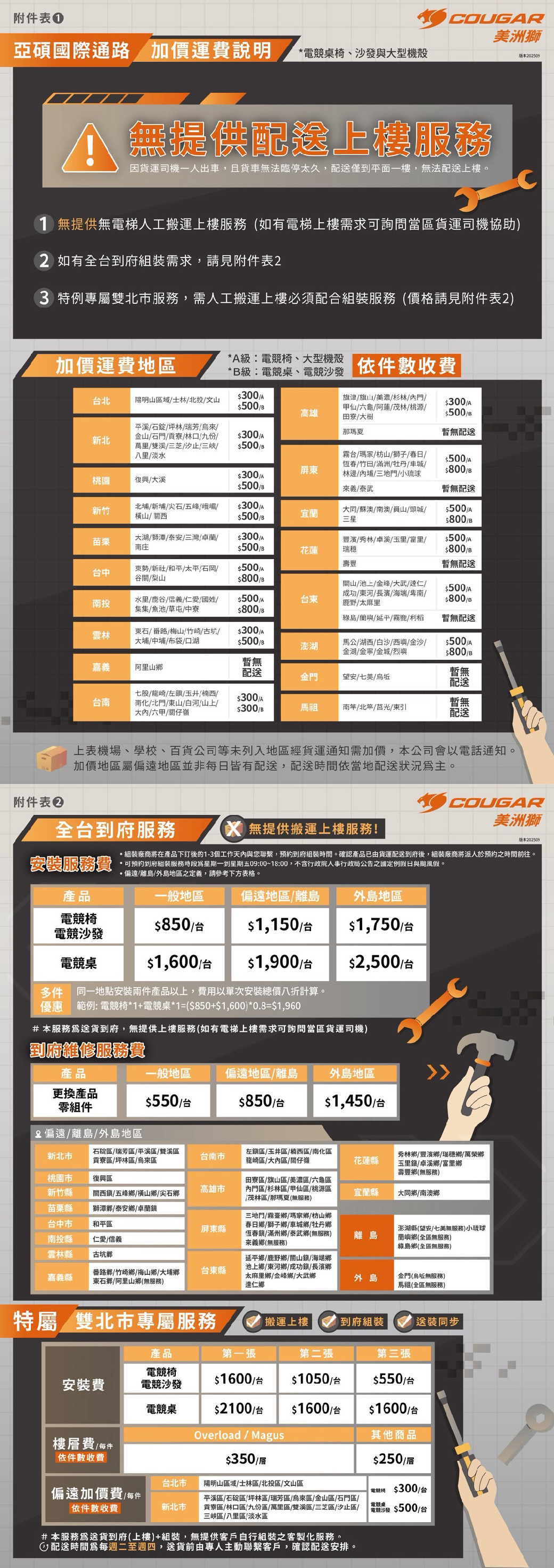 附件COUGR美洲獅亞碩國際通路加價運費說明桌椅、與大型機殼版本202509無提供配上樓服務因貨運司機一人出車,且貨車無法臨停太久,僅到平面一樓,無法上樓。1 無提供無梯人工搬運上樓服務(如有電梯上樓需求可詢問當區貨運司機協助2 如有全到府組裝需求,請見附件表23 特例專屬雙北市服務,需人工搬運上樓必須配合組裝服務(價格請見附件表2)加價運費地區台北陽明山區域士林北投文山*A級:電競椅、大型機殼*級:電競桌、電競沙發300A500B依件數收費高雄旗津旗山美濃杉林內門甲仙六龜阿蓮茂林桃源田寮大樹300A$500B新北平溪石錠坪林瑞芳烏來金山石門/貢寮/林口/九份/萬里/雙溪/三芝/汐止//八里/淡水那瑪夏暫無配送$300/A$500/B屏$300/A霧台/瑪家/枋山/獅子/春日/恆春/竹田/滿洲/牡丹/車城/林邊/內埔/三地門/小琉球$500/A$800/B桃園復興/大溪$500/B來義/泰武暫無配送新竹北埔/新埔/尖石/五峰/峨嵋/横山/西$300/A$500/B宜蘭大同/蘇澳/南澳/員山/頭城/三星$500/$800/B苗栗大湖/獅潭/泰安/三灣/卓蘭/南庄$300/A$500/B花蓮豐濱/秀林/卓溪/玉里/里/瑞穗壽豐$500/A$800/B暫無配送台中勢/新社/和平/太平/石岡/谷/梨山$500/A$800/B水里/鹿谷/信義/仁愛國姓/$500/A台南投關山/池上//大武//成功/東河/長濱/海端/卑南/鹿野/太麻里$500/A$800/B集集/魚池/草屯/中寮$800/B綠島/蘭嶼/延平/霧鹿/利稻暫無配送東石/番路/梅山/竹崎/古坑/$300/A雲林大埔/中埔/布袋/口湖$500/B澎湖馬公/湖西/白沙/西嶼/金沙/金湖/金寧/金城/烈嶼$500/A$800/B暫無嘉義阿里山鄉配送暫無金門望安/七美/烏坵配送台南七股/龍崎/左/玉井/楠西/南化/北門/東山/白河/山上/大內/六甲/關仔嶺$300/A$300/B暫無馬祖南竿、北竿/莒光/東引配送附件表上表機場、學校、百貨公司等未列入地區經貨運通知需加價,本公司會以電話通知。加價地區屬偏遠地區並非每日皆有配送,配送時間依當地配送狀況。全台到府服務 無提供搬運上樓服務!COUGAR美洲獅版本202509安裝服務費組裝廠商將在產品下訂後的1-3個工作天內與您聯繫,預約到府組裝時間。確認產品已由貨運配送到府後,組裝廠商將派人於預約之時間前往。*可預約到府組裝服務時段星期一到星期五09:00~18:00,不含行政院人事行政局公告之國定例假日與颱風假。·偏遠/離島/外島地區之定義,請參考下方表格。產品一般地區偏遠地區/離島外島地區電競椅$850/台$1,150/台電競沙發$1,750/台電競桌$1,600/台$1,900/台$2,500/台多件同一地點安裝兩件產品以上,費用以單次安裝總價八折計算。優惠 範例:電競椅*1+電競桌*1=($850+$1,600)*0.8=$1,960#本服務爲送貨到府,無提供上樓服務(如有電梯上樓需求可詢問當區貨運司機)到府維修服務費產品一般地區偏遠地區/離島外島地區更換產品零組件$550/台$850/台$1,450/台偏遠/離島/外島地區新北市石碇區/瑞芳區/平溪區/雙溪區貢寮區/坪林區/烏來區台南市左區/玉井區/楠西區/南化區龍崎區/大內區/關仔嶺花蓮縣秀林鄉/豐濱鄉/瑞穗鄉/萬榮鄉玉里鎮/卓溪鄉/富里鄉壽豐鄉(無服務)桃園市復興區新竹縣高雄市關西/五峰鄉/橫山鄉/尖石鄉田寮區/旗山區 美濃區 六龜區內門區/杉林區/甲仙區/桃源區茂林區那瑪夏(無服務)宜蘭縣大同鄉/南澳鄉苗栗縣獅潭鄉/泰安鄉/卓蘭鎮台中市和平區屏東縣南投縣仁愛/信義三地門/霧臺鄉/瑪家鄉/枋山鄉春日鄉/獅子鄉/車城鄉/牡丹鄉恆春鎮/滿州鄉/泰武鄉(無服務)來義鄉(無服務)澎湖縣(望安/七美無服務)小琉球離島蘭嶼鄉(全區無服務)綠島鄉(全區無服務)雲林縣古坑鄉嘉義縣番路鄉/竹崎鄉/梅山鄉/大埔鄉東石鄉/阿里山鄉(無服務)台東縣延平鄉/鹿野鄉/關山鎮/海端鄉池上鄉/東河鄉/成功鎮/長濱鄉太麻里鄉/金峰鄉/大武鄉達仁鄉外島金門(烏坵無服務)馬祖(全區無服務)特屬/雙北市專屬服務 搬運上樓到府組裝送裝同步產品第一張第二張第三張電競椅安裝費電競沙發$1600/台$1050/台$550/台電競桌$2100/台$1600/台$1600/台樓費/每件依件數收費Overload/Magus$350/層其他商品$250/台北市陽明山區域/士林區/北投區/文山區偏遠加價費/每件電 $300/台依件數收費新北市平溪區/石碇區/坪林區/瑞芳區/烏來區/金山區/石門區/貢寮區/林口區/九份區/萬里區/雙溪區/三芝區/汐止區/三峽區/八里區 淡水區電競桌「電競沙發 $500/台#本服務爲送貨到府(上樓)+組裝,無提供客戶自行組裝之客製化服務。配送時間爲每週二至週四,送貨前由專人主動聯繫客戶,確認配送安排。