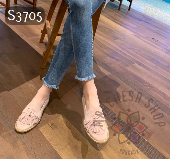 S3705 - 頭層羊猄皮英倫流鬚閃鑽圓頭樂福鞋