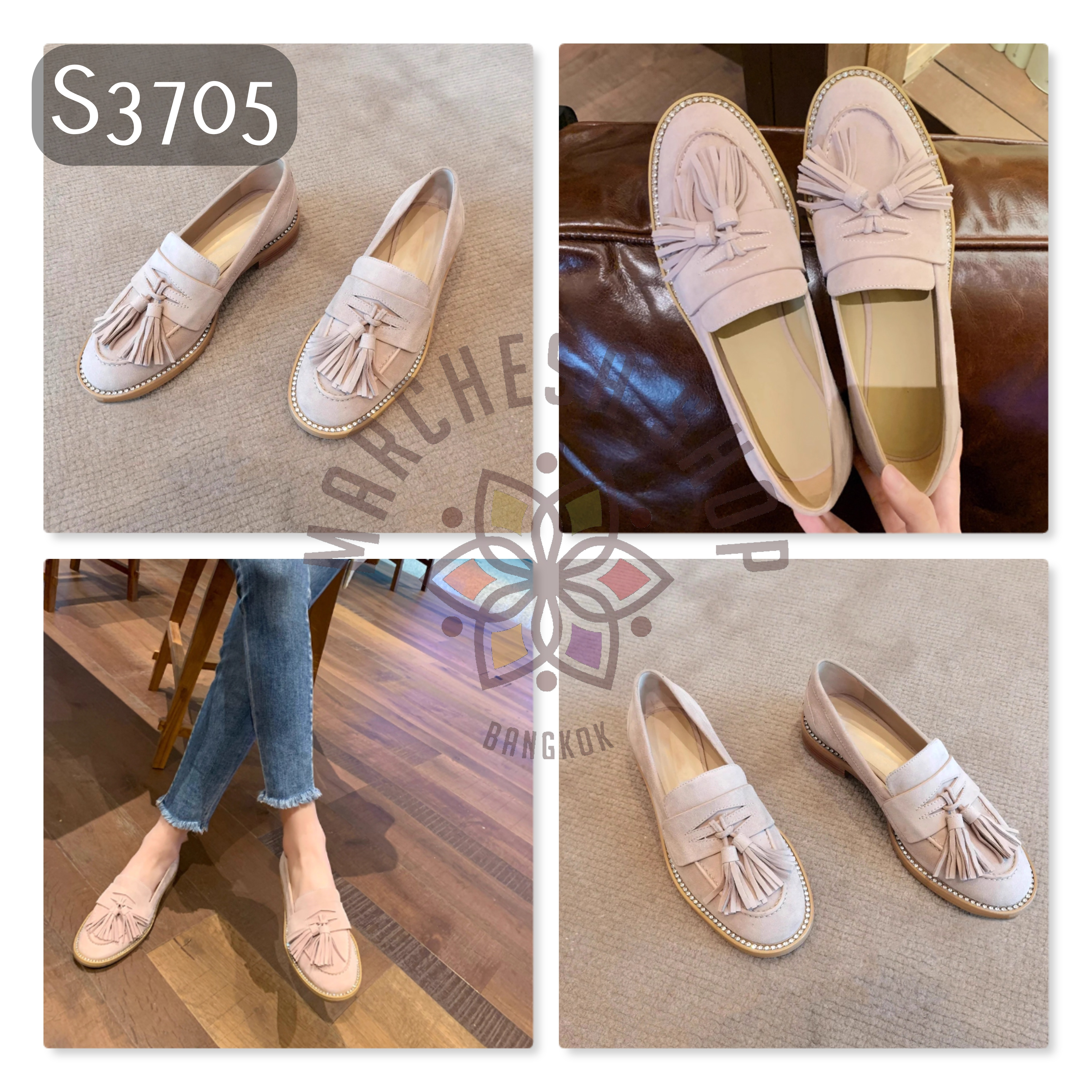 S3705 - 頭層羊猄皮英倫流鬚閃鑽圓頭樂福鞋