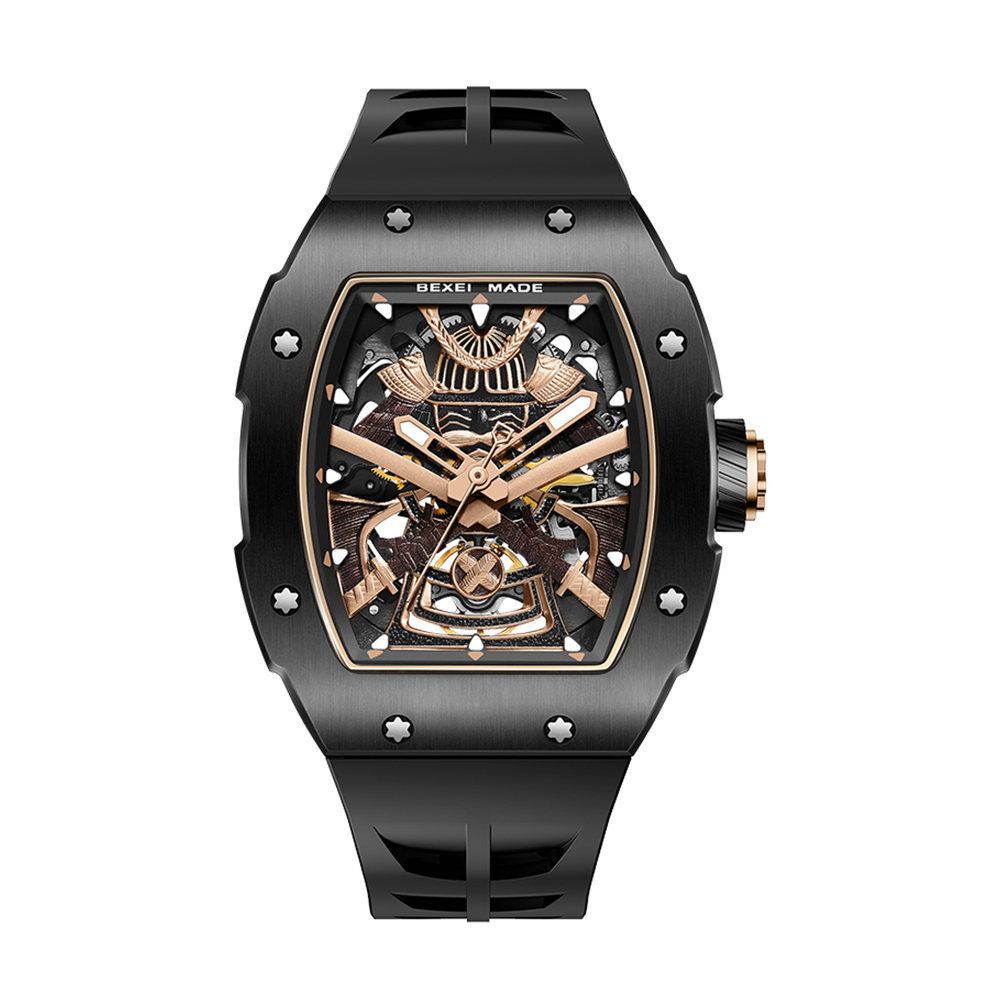 【BEXEI】 黑武士系列-酒桶款 限量 避震 鏤空 夜光 機械 手錶
