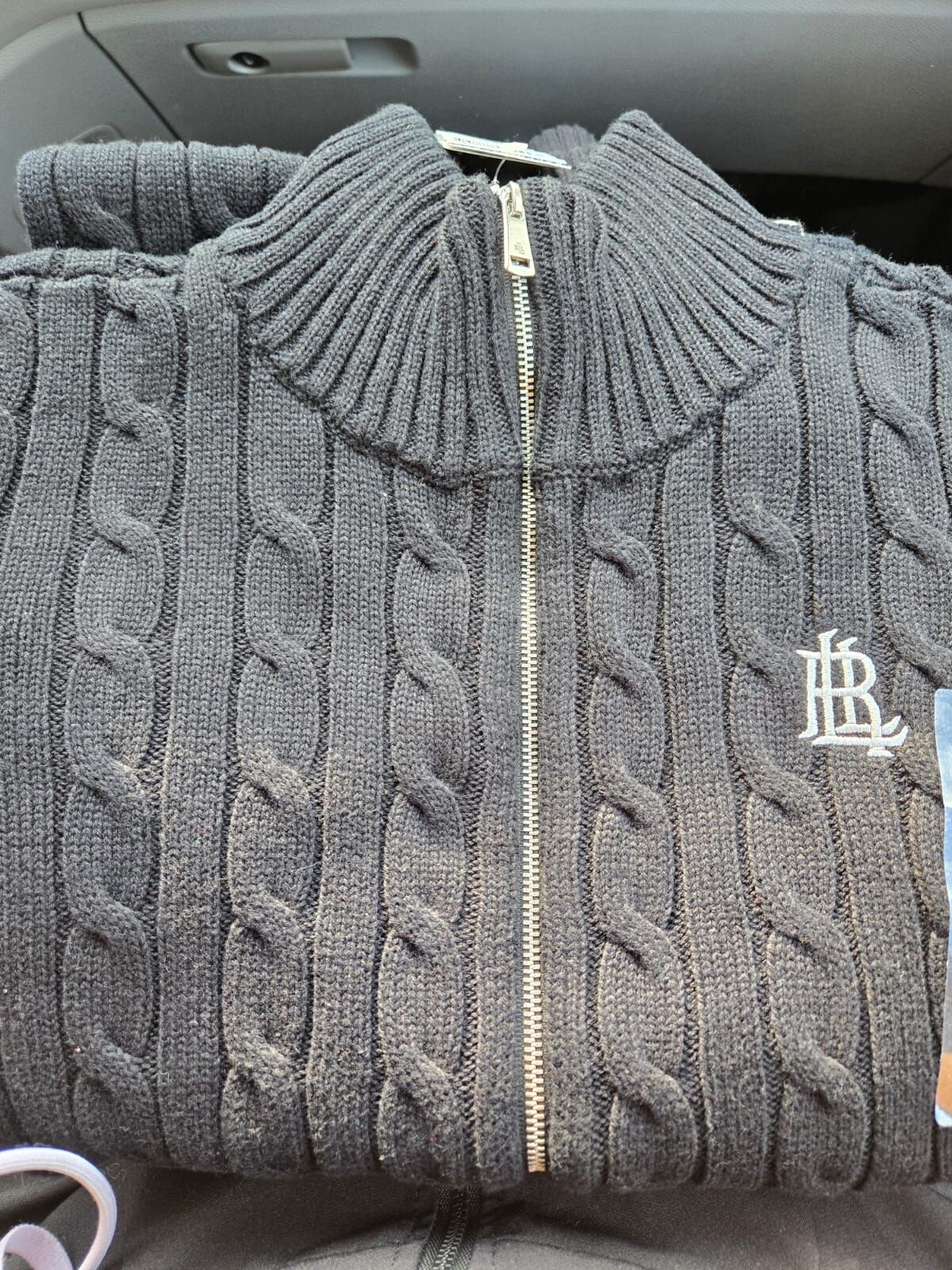 [U] POLO RALPH LAUREN BLACK WOMEN'S RL LOGO CABLE ZIP-UP CARDIGAN, 200822704002-BLACK (UPR266)