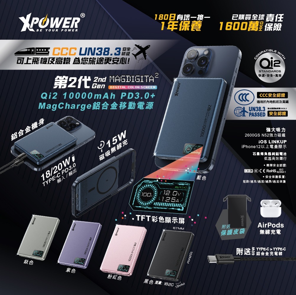 (3C認證版)(鋁合金面)XPower MagDigita²  第2代 彩屏顯示10000mAh PD3.0+QI2 磁吸移動電源