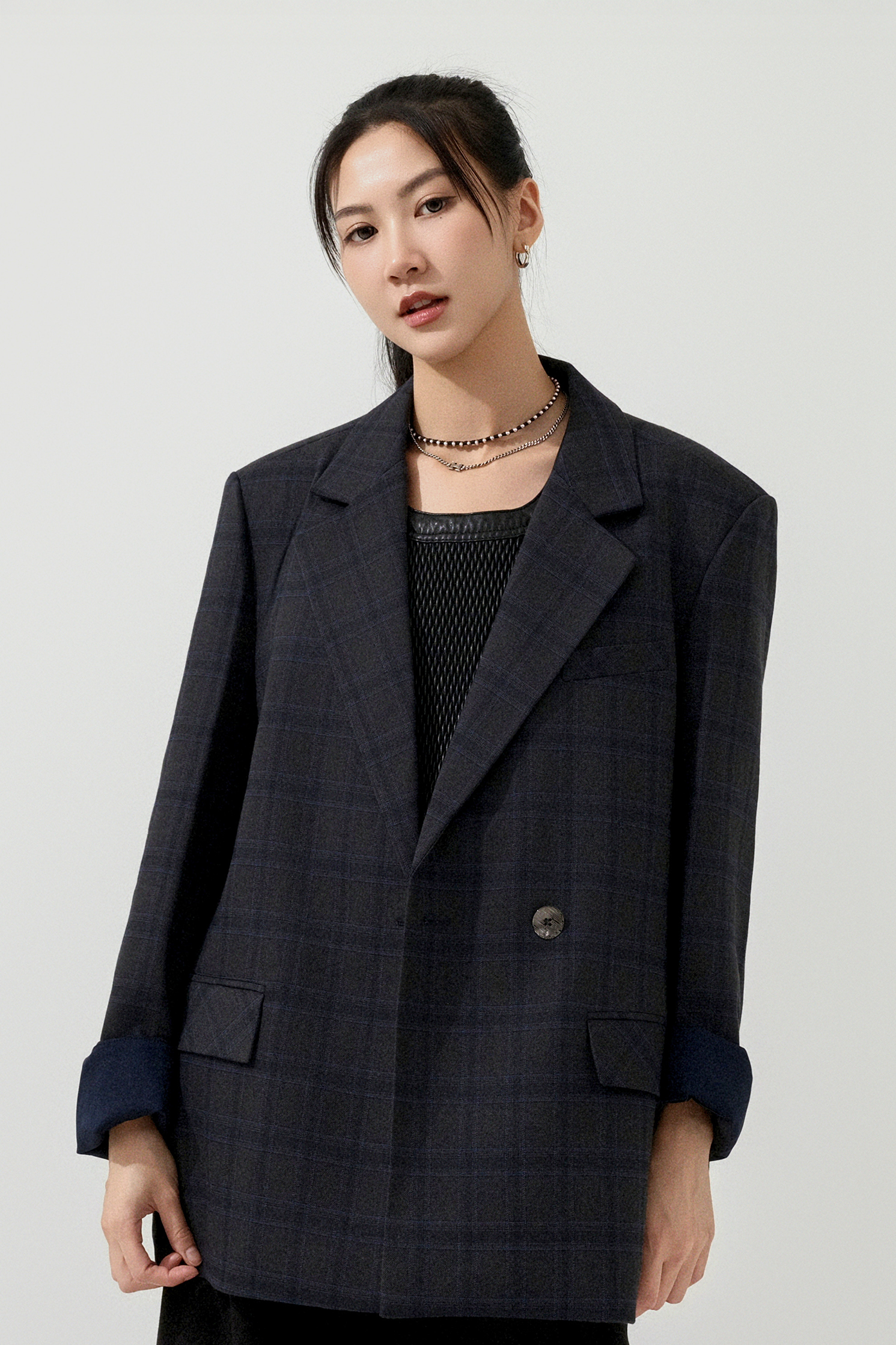 中性寬肩格紋西裝褸  (現貨款式）