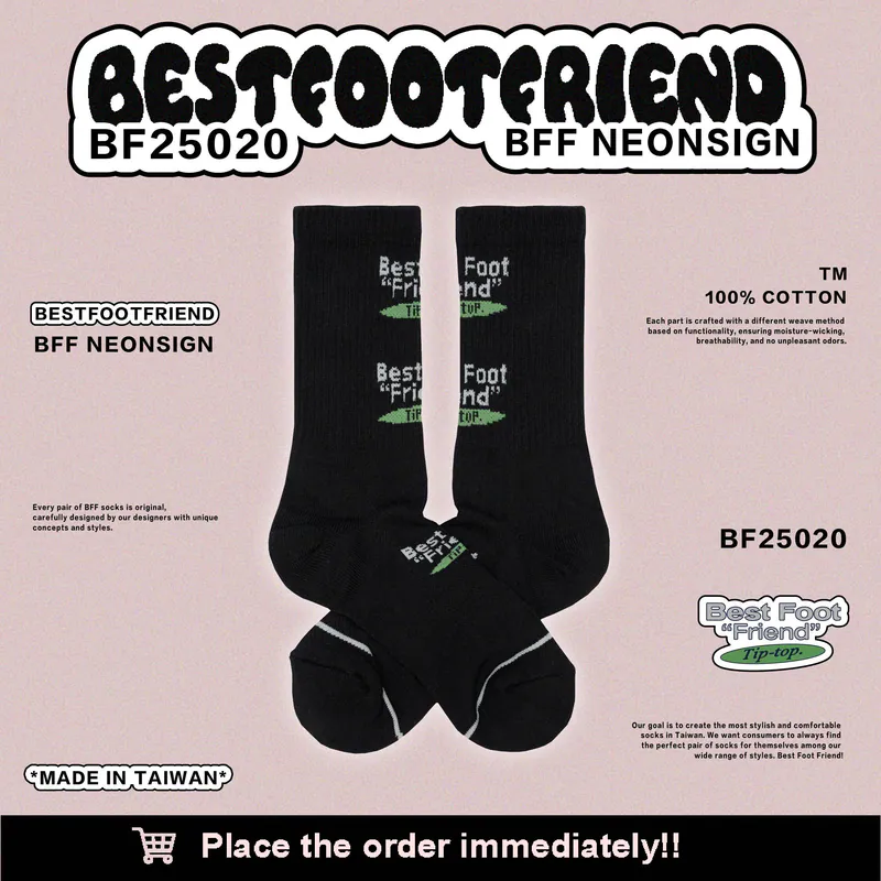 BFF Best foot friend Neonsign BFF霓虹燈牌 刺繡 中筒襪 長襪【BF25020】