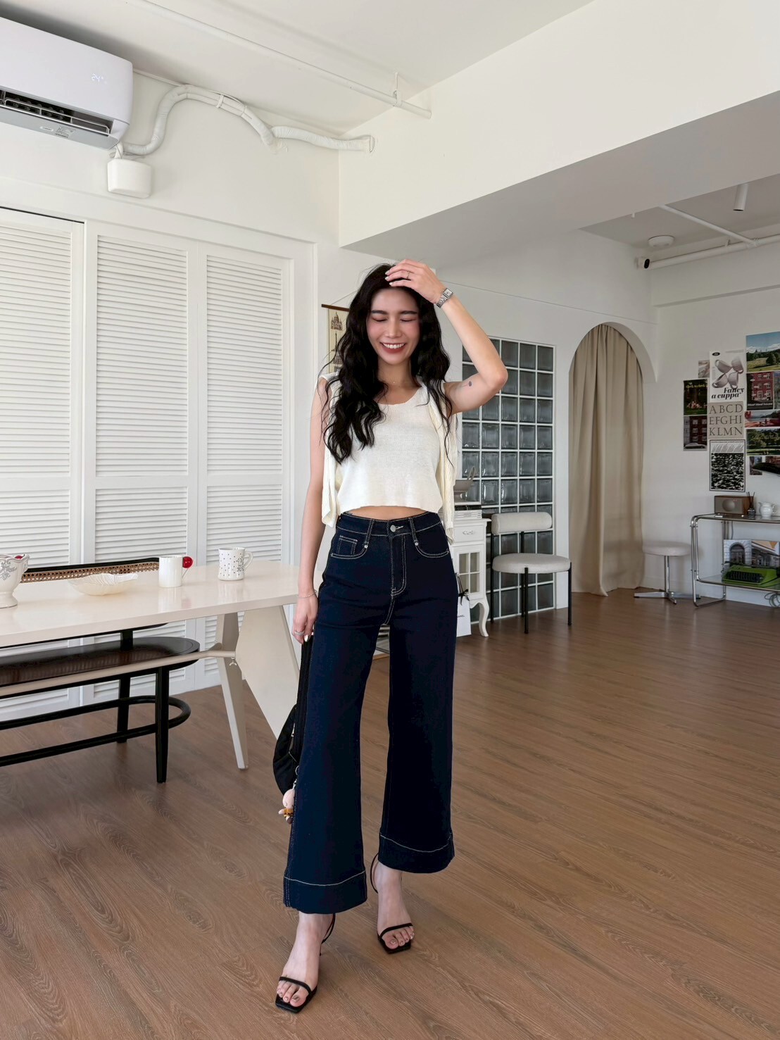 車縫線八分牛仔寬褲