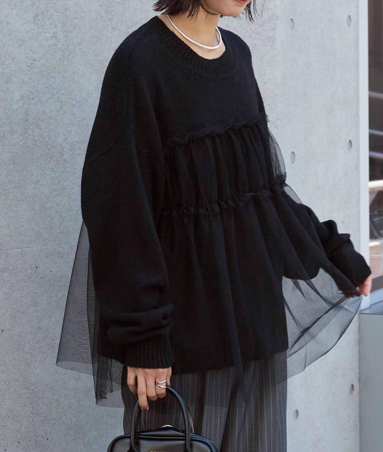 【預購】JN092606 MONO-MART 薄紗荷葉邊針織長袖上衣(FREE SIZE)