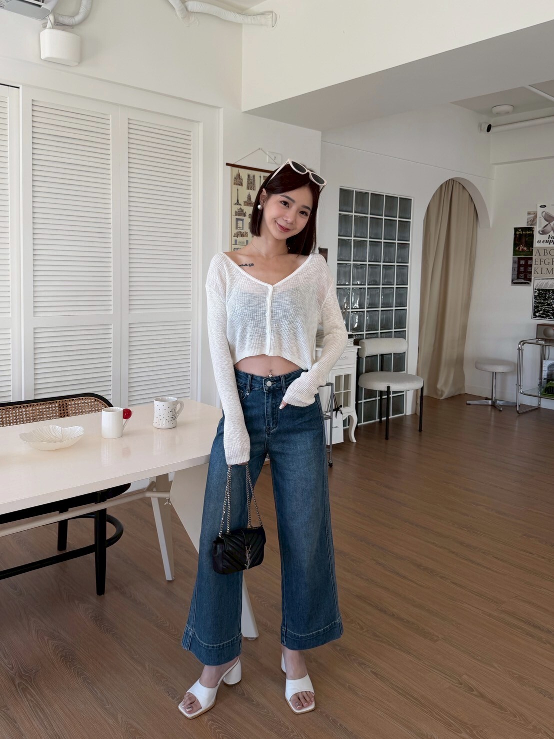 車縫線八分牛仔寬褲