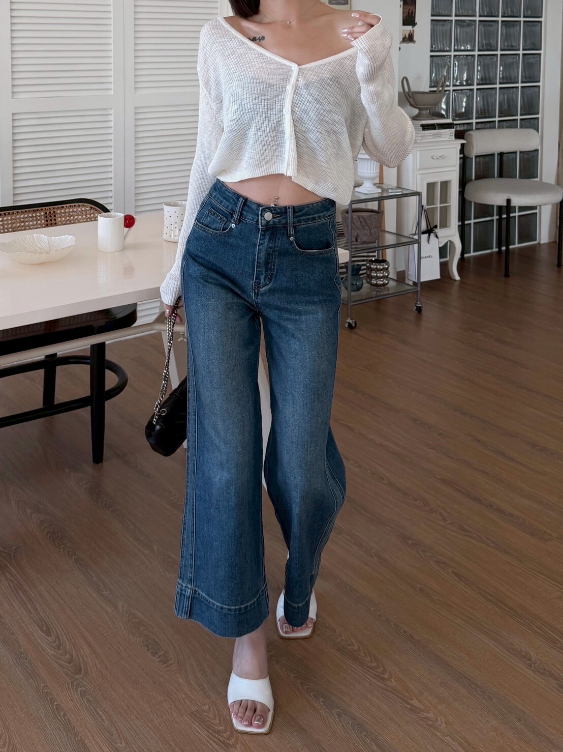 車縫線八分牛仔寬褲