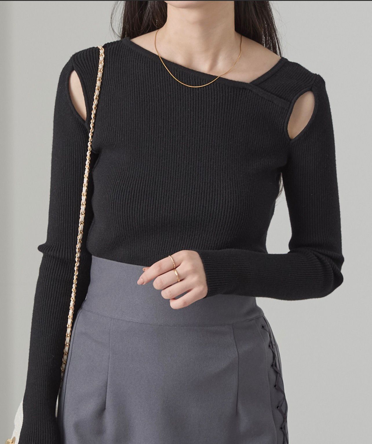 【預購】JN092607 Cieluna 不對稱領口羅紋針織上衣