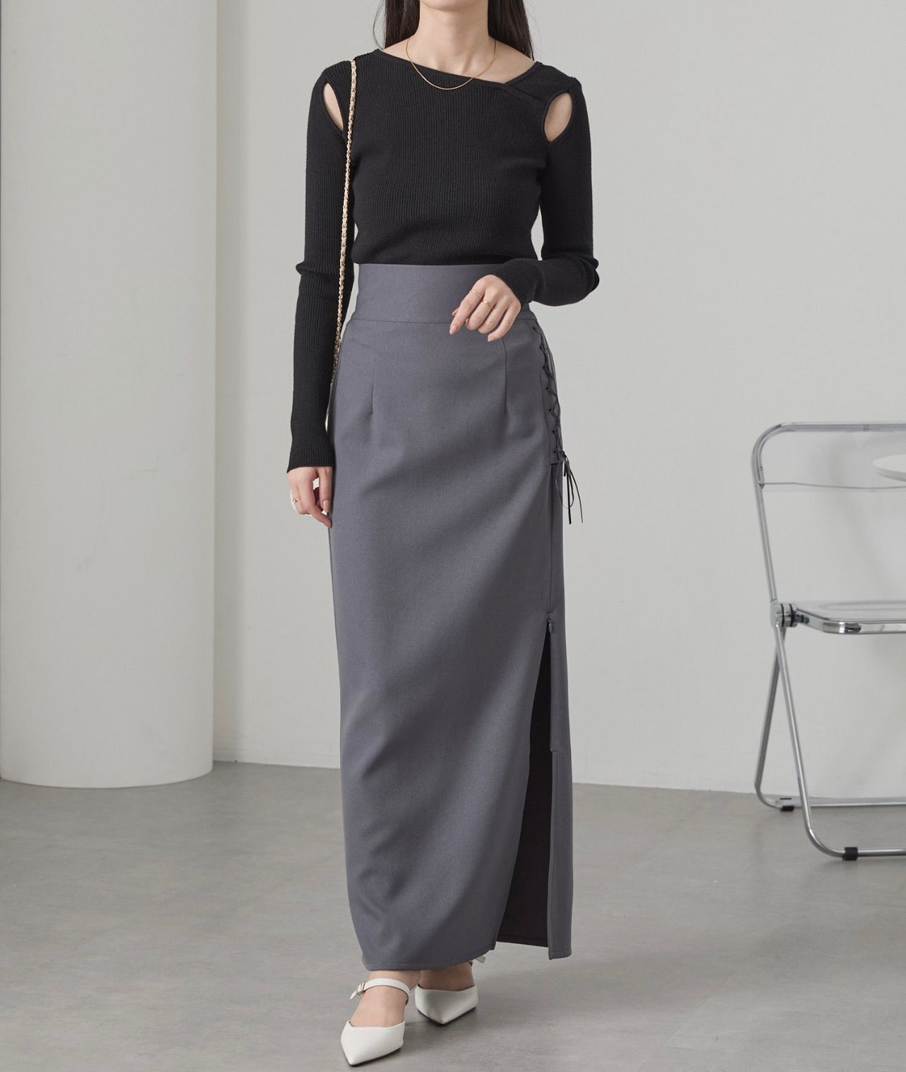 【預購】JN092607 Cieluna 不對稱領口羅紋針織上衣