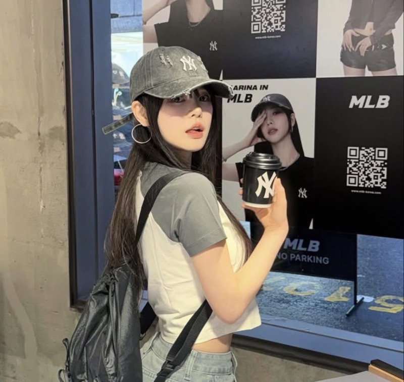 KARINA同款 MLB刷破帽 棒球帽 LA (棕)