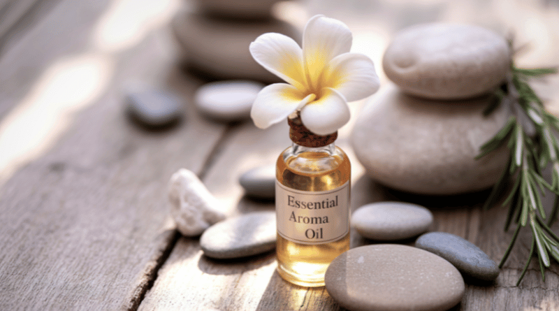 瓶身標示 Essential Aroma Oil 的精油瓶，搭配白色花朵與石頭擺設，營造放鬆氛圍
