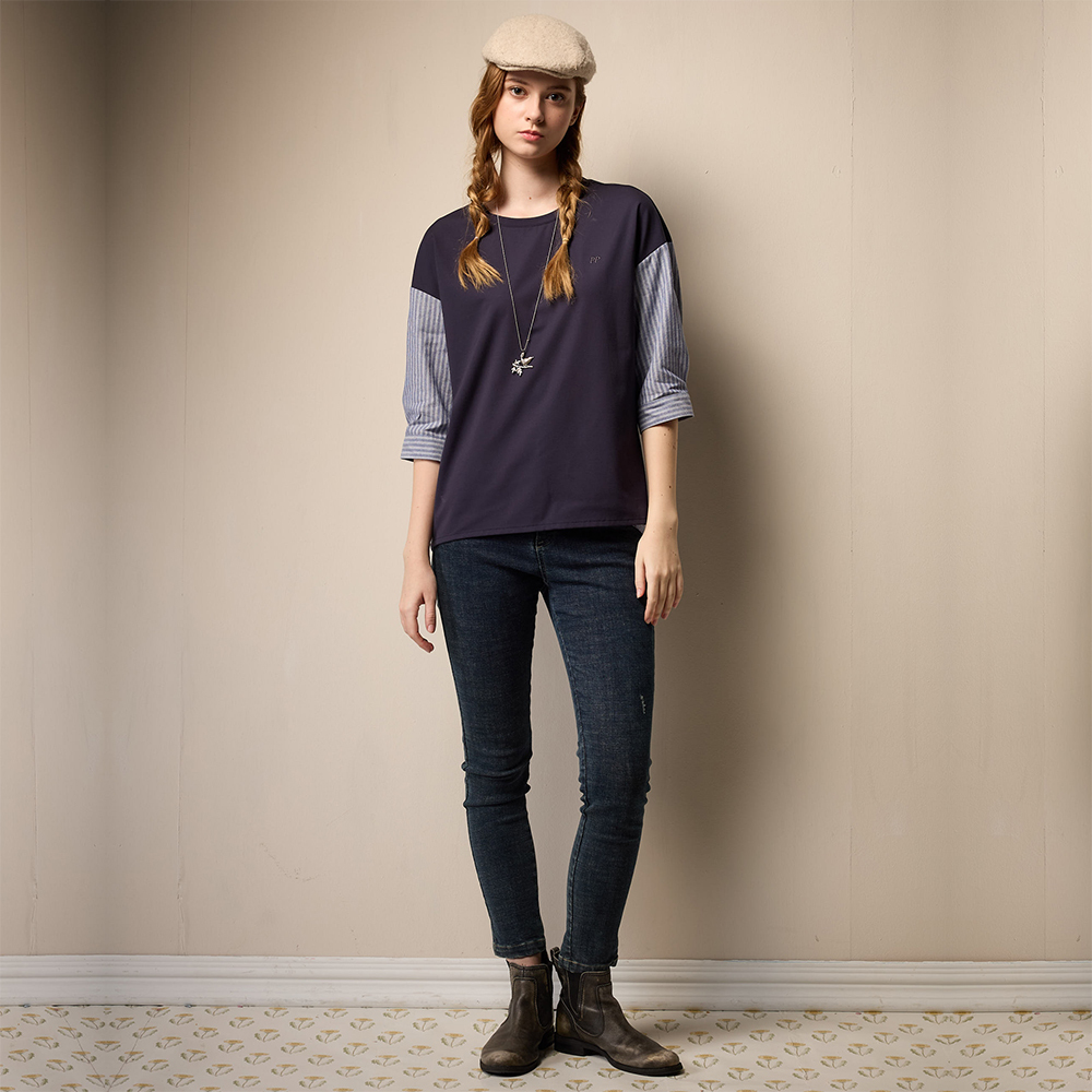 PIPPY 落肩拚接直條紋5分袖圓領上衣 藍