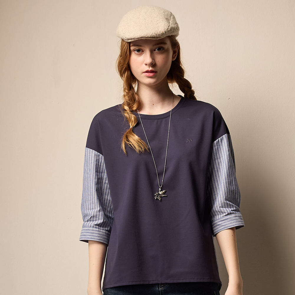 PIPPY 落肩拚接直條紋5分袖圓領上衣 藍