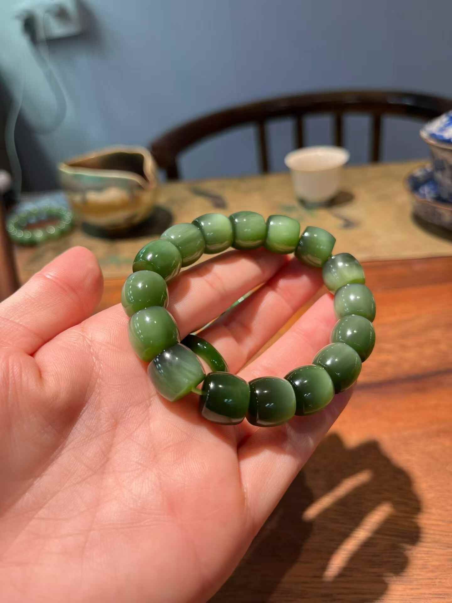 99753 和田玉碧玉貓眼手串
