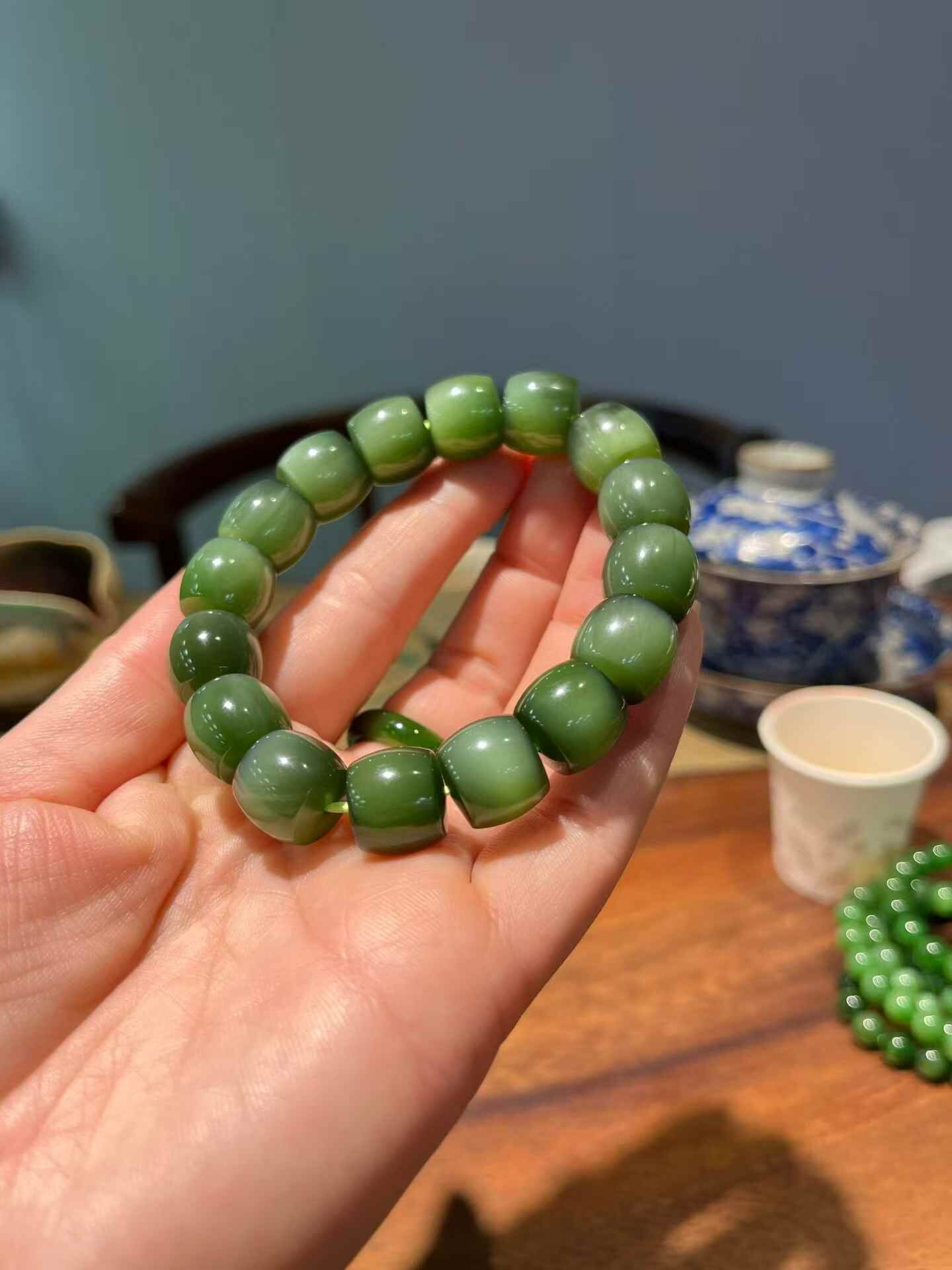 和田玉碧玉貓眼手串,天然和田玉軟玉