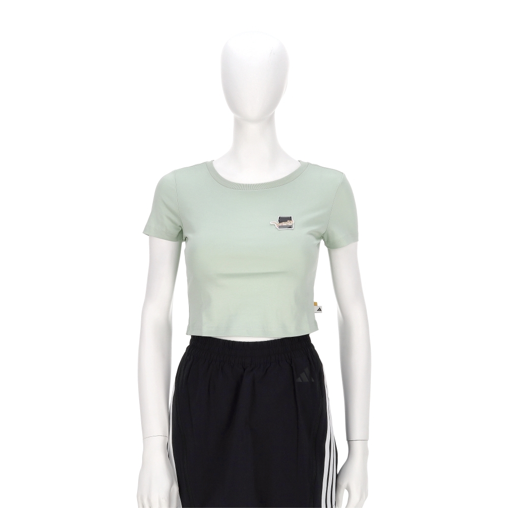 Adidas W Cat T 2 女款 淺綠色 短版 修身 貓咪 印花 休閒 短袖 JV8513