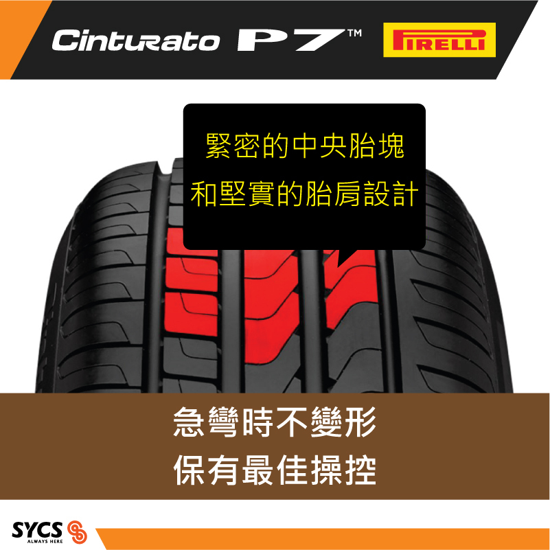 Tread image with red highlights on central ribs and shoulders for sharper cornering control.