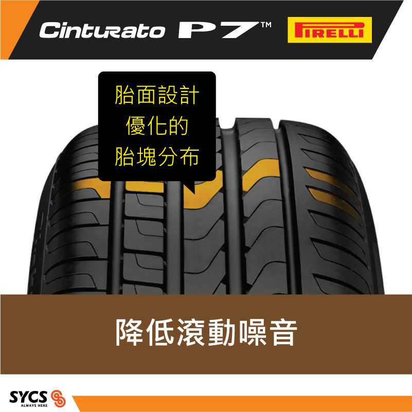 Close-up of P7 tread with yellow blocks showing optimized pattern to reduce rolling noise.
