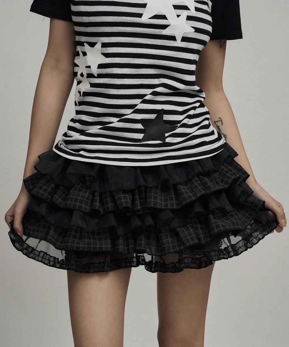 【代購】illio Check tutu shorts 蕾絲格紋蛋糕裙 短裙 澎澎裙 蛋糕裙 黑色 甜酷 小眾