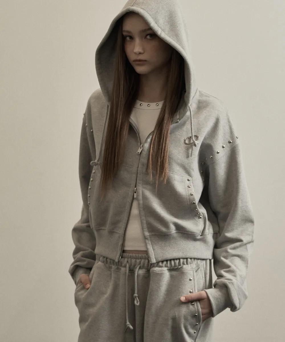 【代購】illio Gray stud 2way hood zip-up 卯釘短版連帽外套 卯釘 連帽外套 拉鍊外套 短版 灰外套 棉外套 休閒外套 甜酷