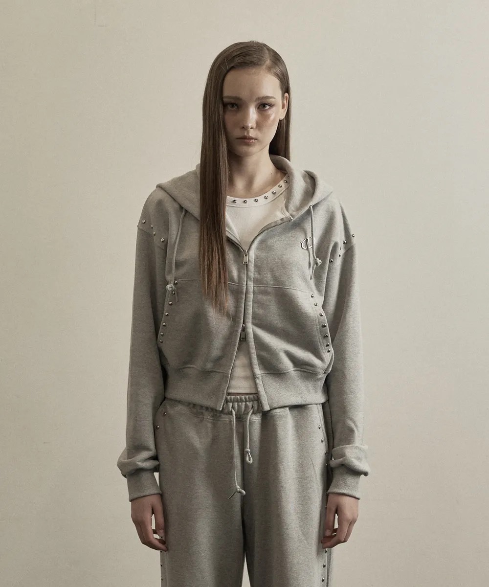 【代購】illio Gray stud 2way hood zip-up 卯釘短版連帽外套 卯釘 連帽外套 拉鍊外套 短版 灰外套 棉外套 休閒外套 甜酷