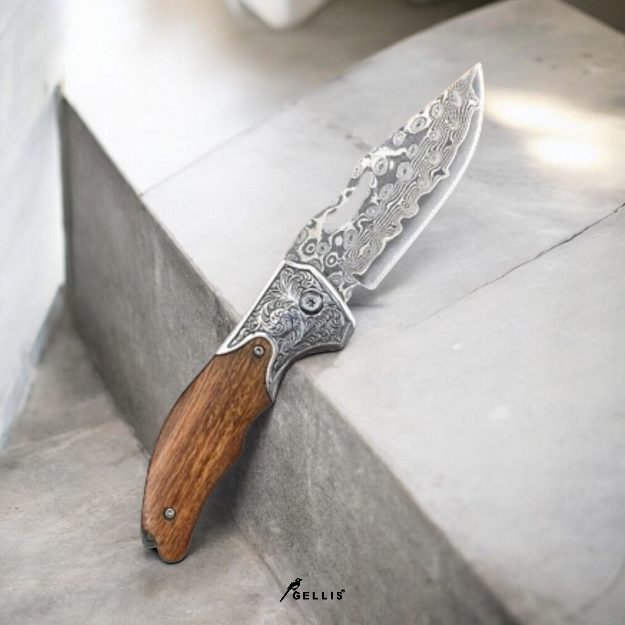 Ottoman Empire 鄂圖曼亞特坎戰刀款檀木柄大馬士革鋼切肉刀水果刀OUTDOORS戶外登山野營刀折刀_精雕方扣掐紋刀頸