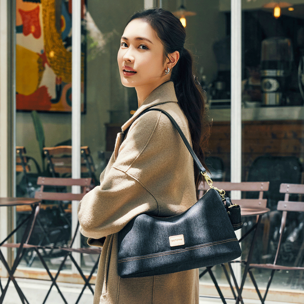 Denim 雙背帶肩背包-丹寧黑