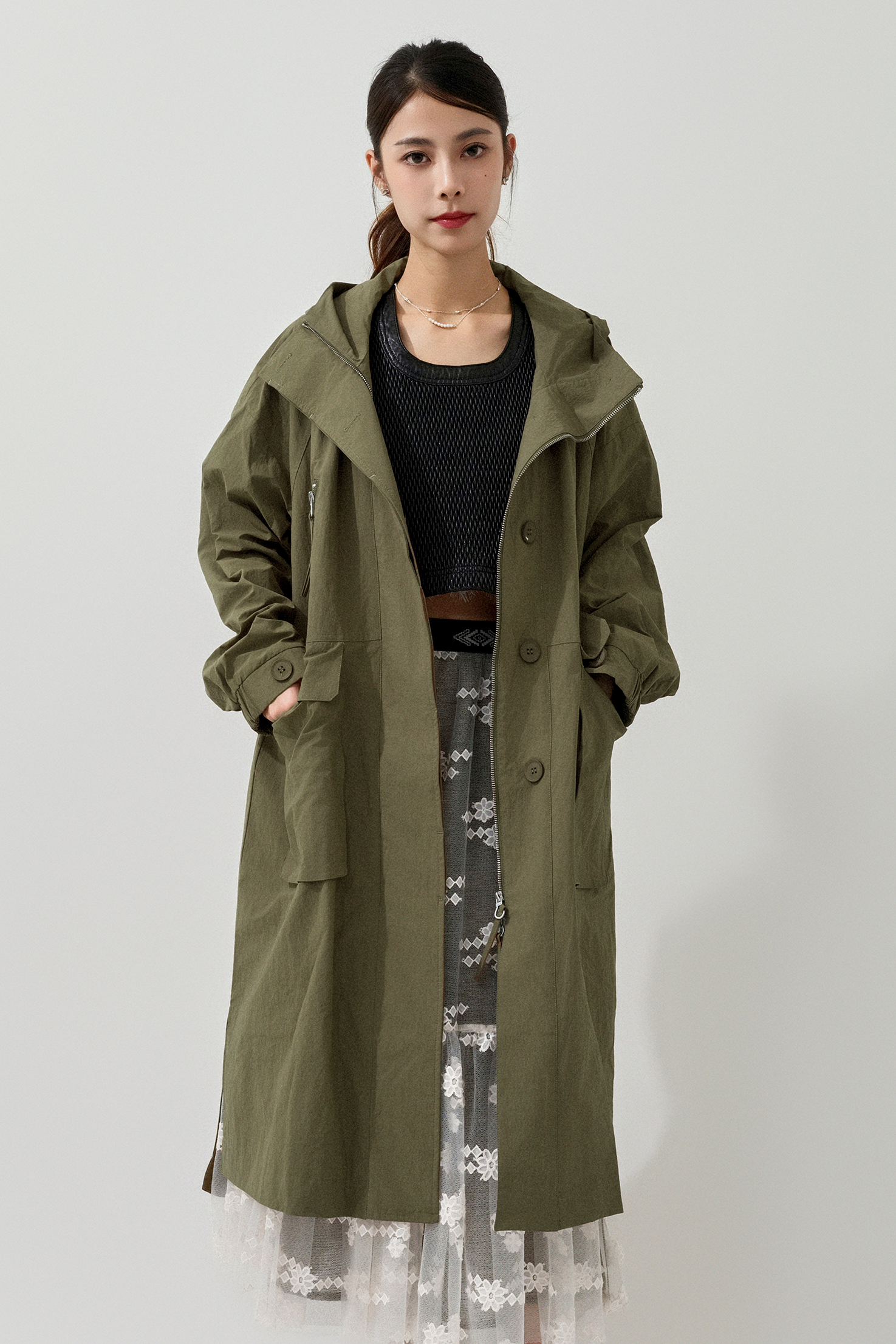 風褸料連帽長軍褸  (現貨款式）