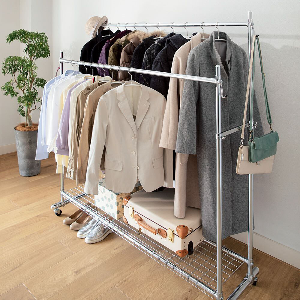 MIT台灣製 SteelGuard Series移動式落地款掛衣架 (雙桿 X 附置物底架 X 固定寬120cm)