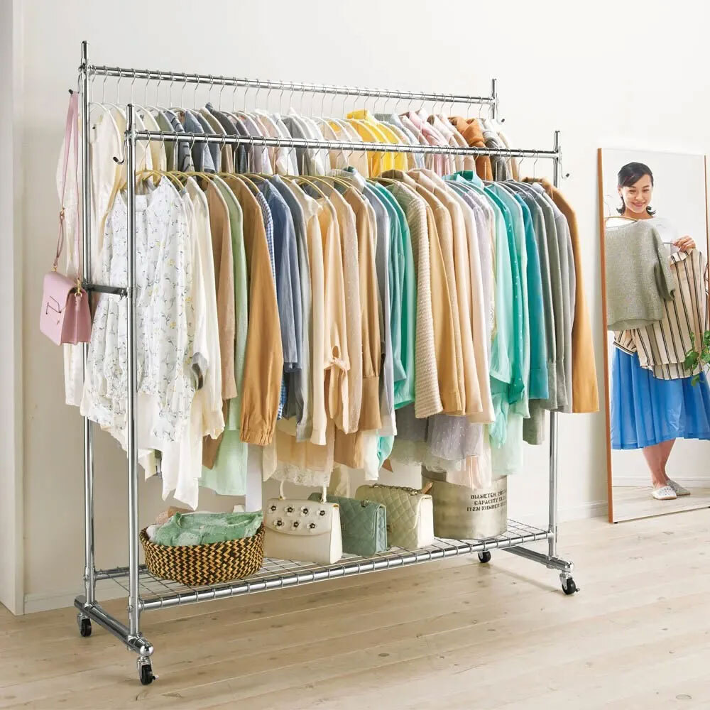 MIT台灣製 SteelGuard Series移動式落地款掛衣架 (雙桿 X 附置物底架 X 固定寬120cm)