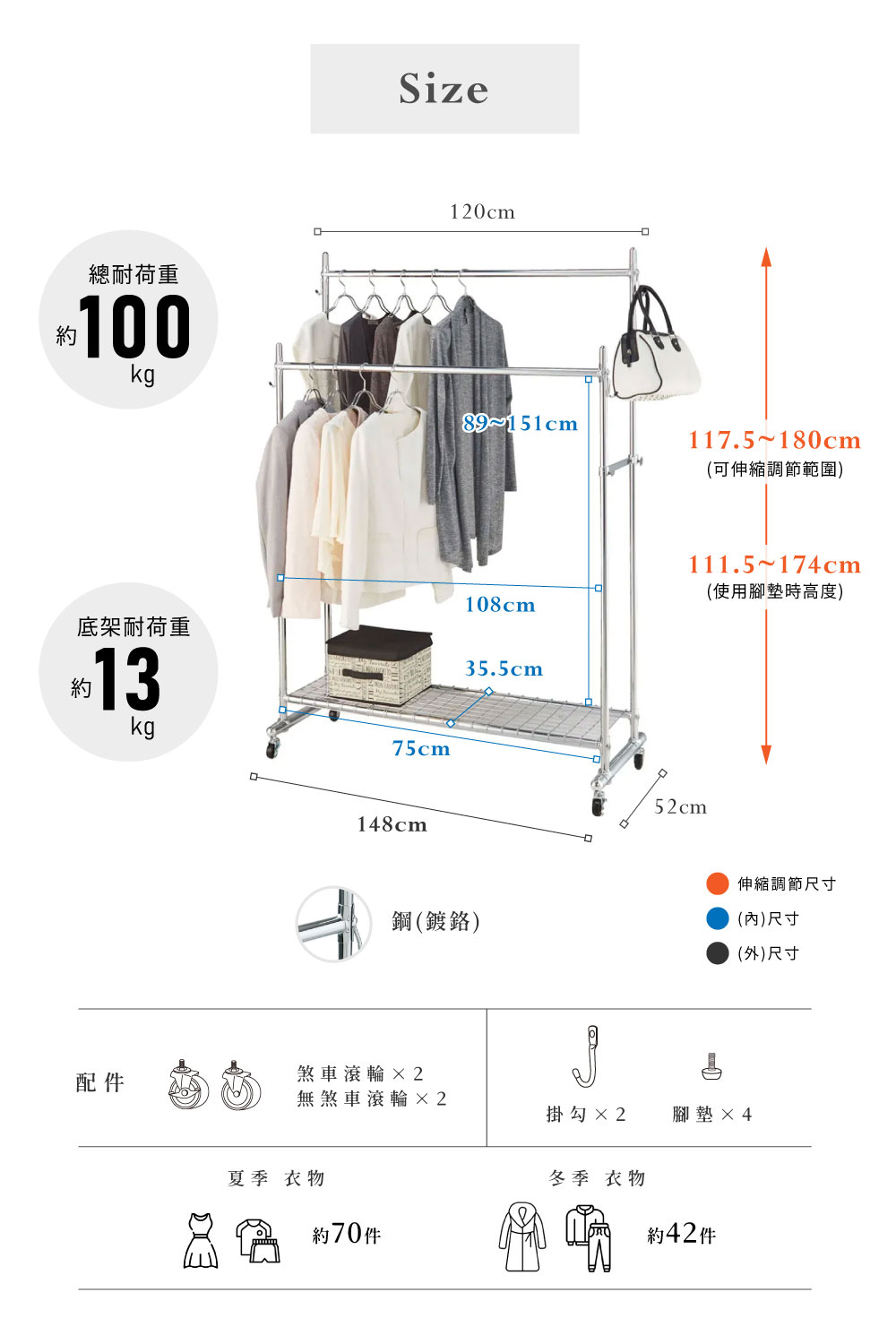 MIT台灣製 SteelGuard Series移動式落地款掛衣架 (雙桿 X 附置物底架 X 固定寬120cm)