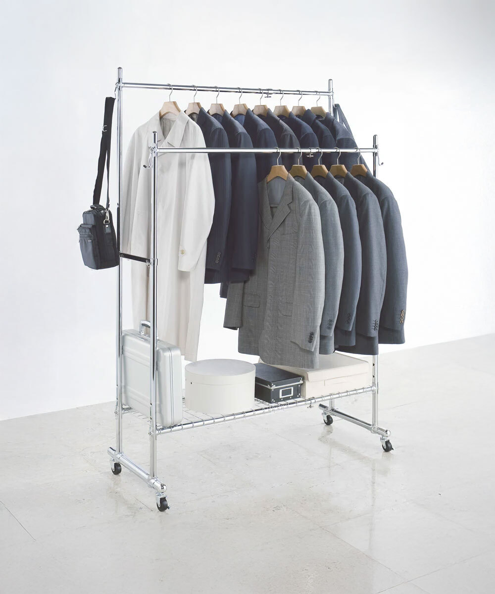 MIT台灣製 SteelGuard Series移動式落地款掛衣架 (雙桿 X 附置物底架 X 固定寬120cm)