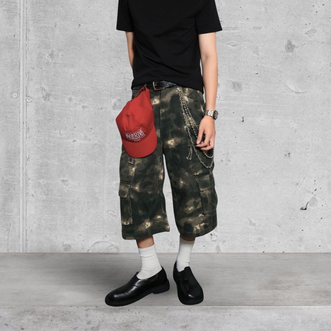 （現貨）WP080 美式潑墨雲染 側邊雙口袋 工裝七分褲