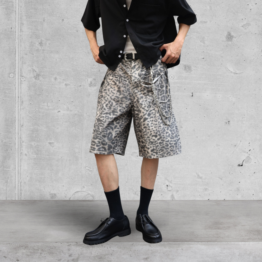 （現貨) P019 街頭 復古 Y型結構車線 豹紋 短褲
