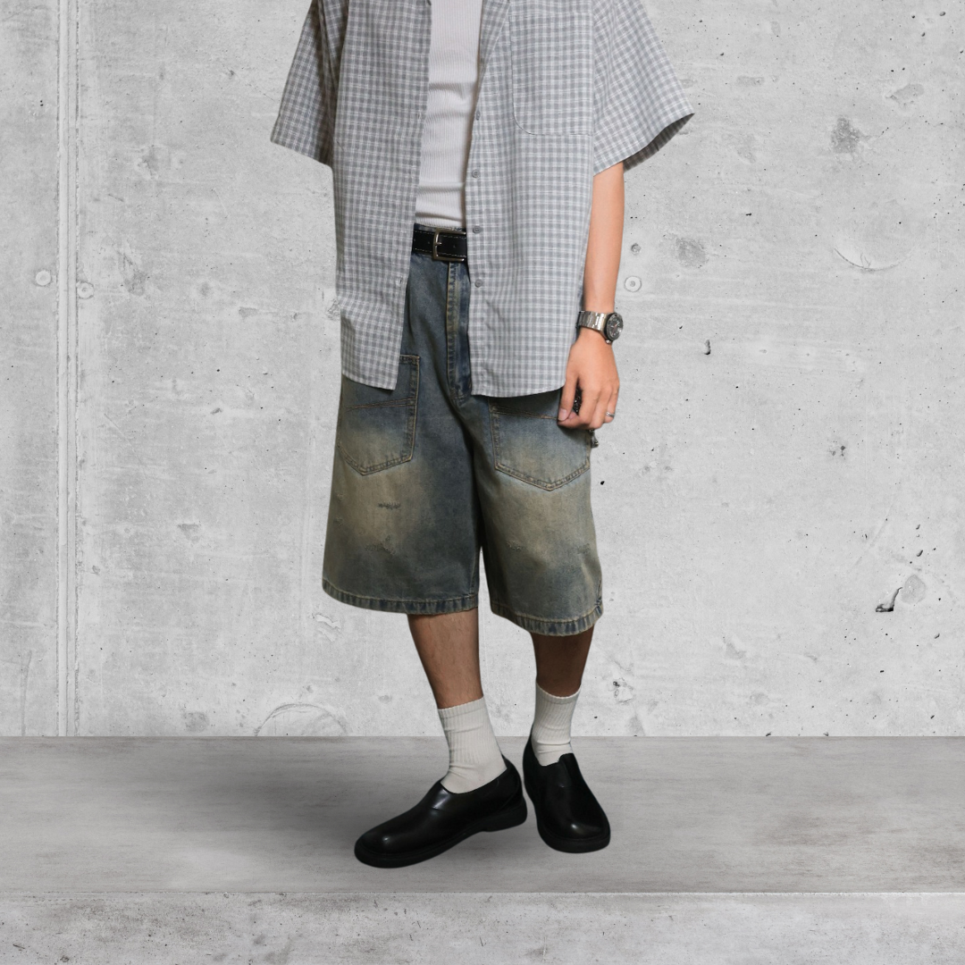 （現貨）NJ222日系 做舊 前口袋設計 水洗刷色 牛仔短褲