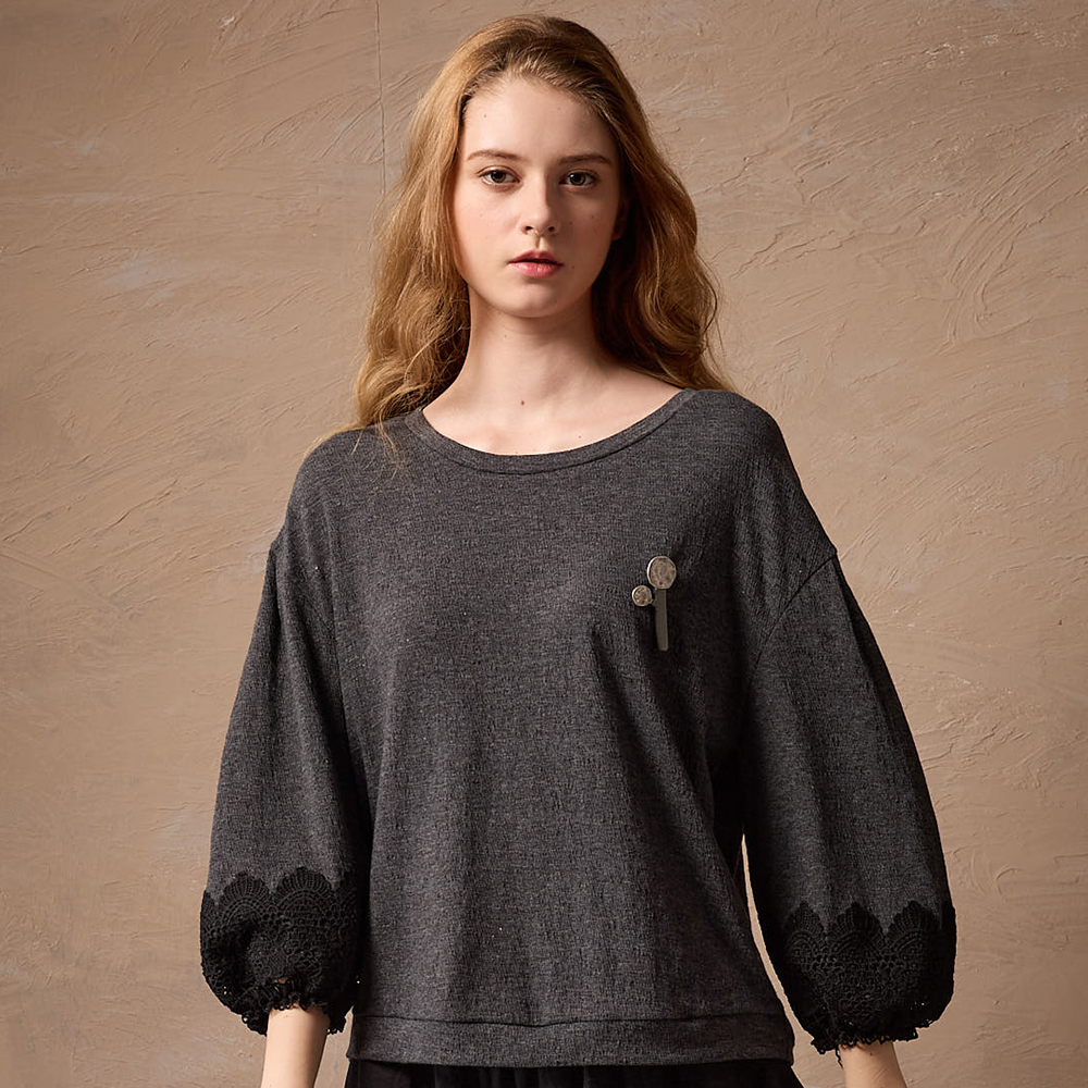 PIPPY 素雅大園領微落肩小泡泡袖長袖上衣 灰